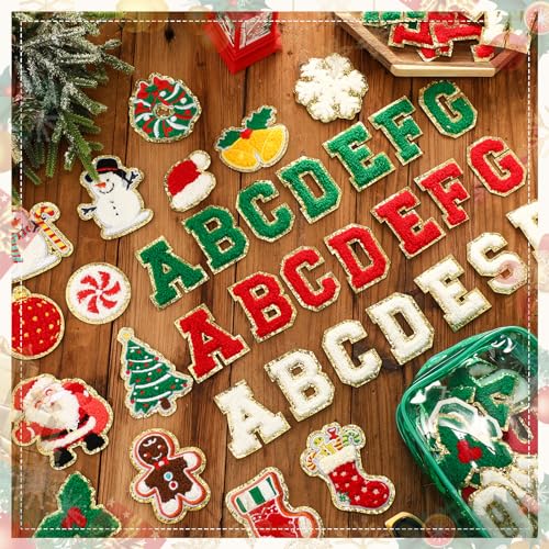 Yilloog 120 Pcs Christmas Iron on Patches Chenille Letter Patches Include 78 Letters Patch 42 Snowman Socks Santa Snowflake Patch DIY Craft for Clothing Jackets Xmas Gift (Green, Red, White) by Yilloog - Image 4