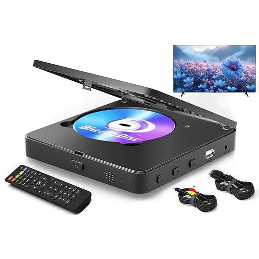 Blu Ray Player 1080P Blu-ray Disc Player for Home Cinema, Dolby Audio/DTS, Plays All DVDs and Region A 1 Blu Rays, Supports 128GB USB Stick, with HDMI and AV Output Connection Cable, NTSC US Standard