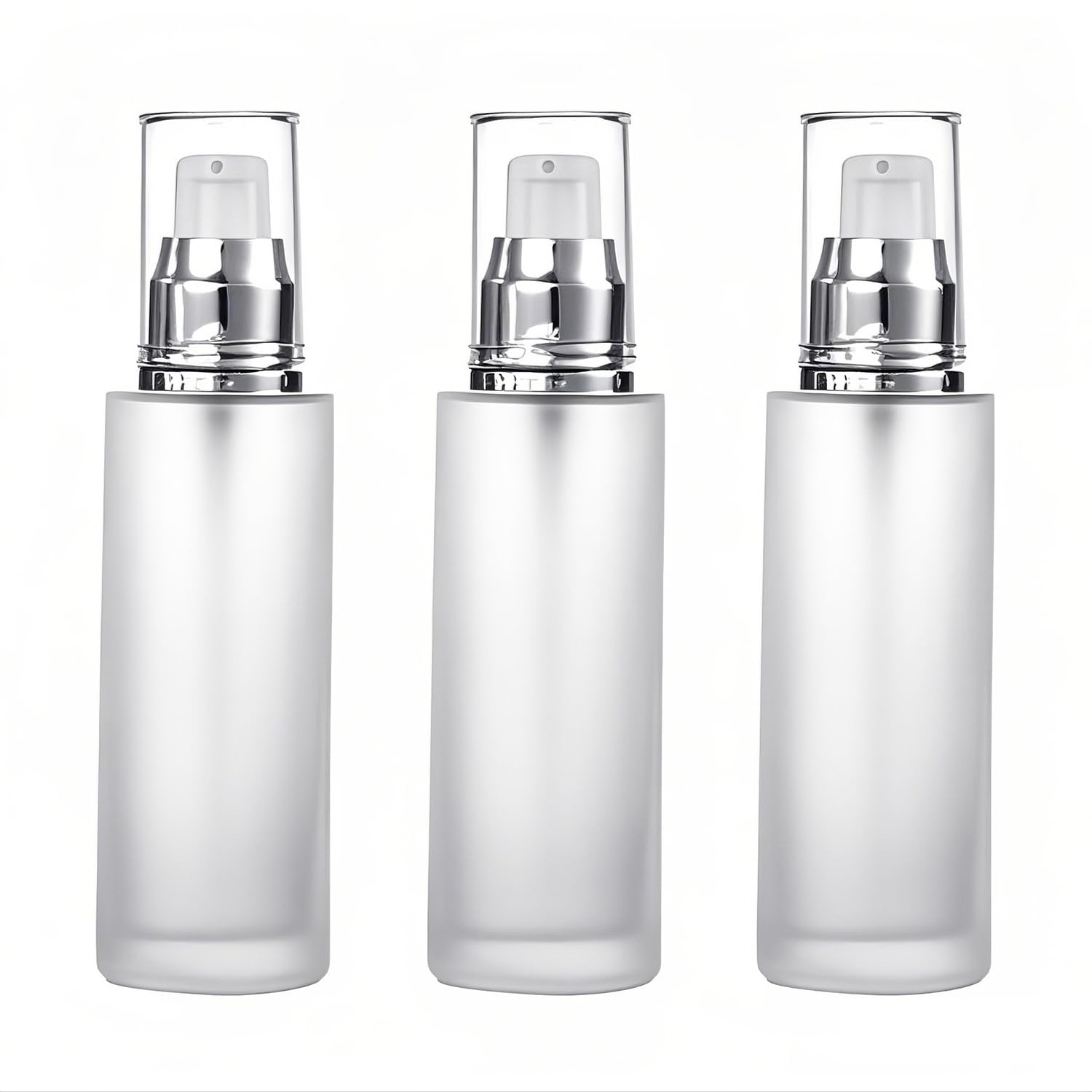 3Packs Transparent Cosmetic Container Jar Vials with Silver Cap Empty Refillable Frosted Glass Pump Bottles Travel Glass Lotion Bottle For Cosmetics, Lotion, Body Cream, Sanitizers, Cream 2oz