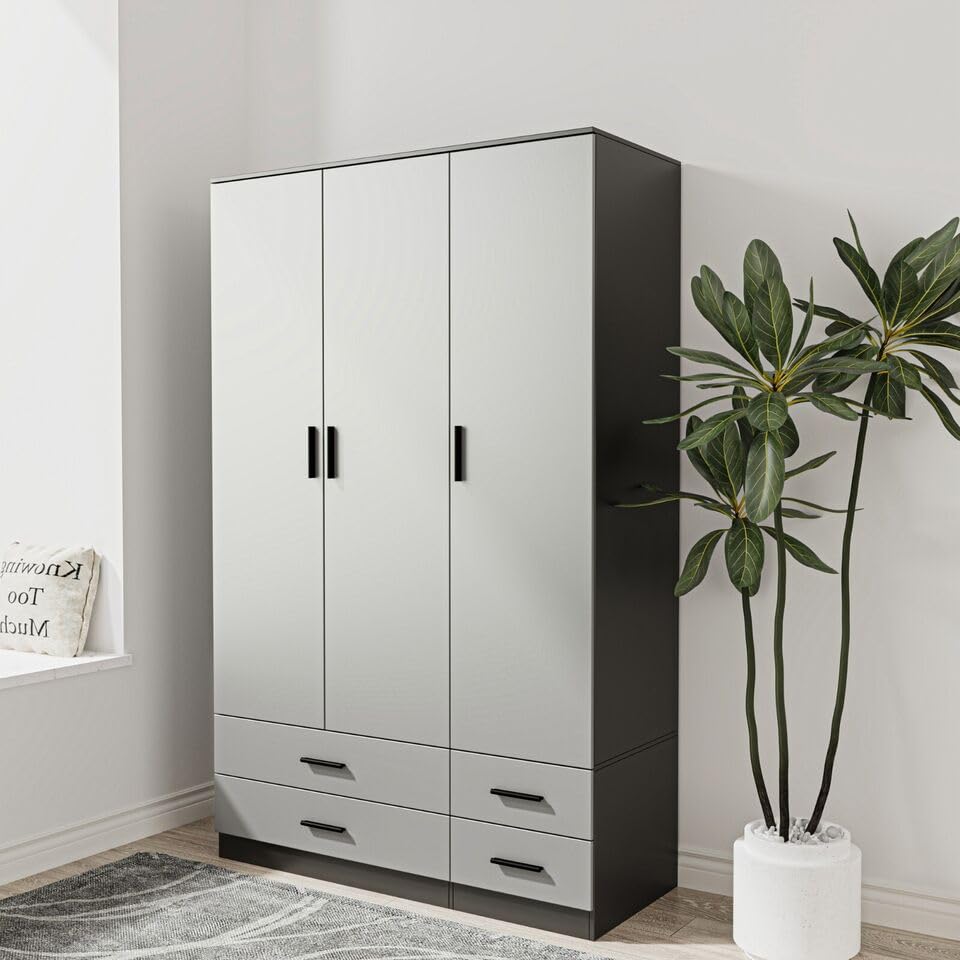 URBNLIVING Modern 3 Door 4 Drawer Wardrobe with Hanging Rail, Bedroom Furniture, Storage Shelf Clothes Organiser Stylish Design, Ample Storage Solution (Black & Grey)