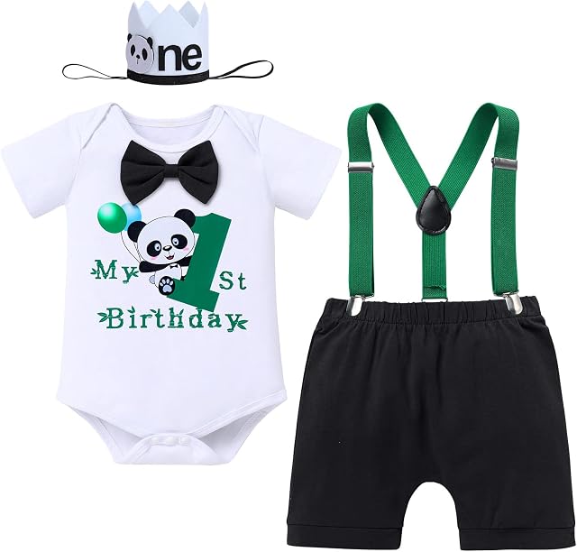 IBTOM CASTLE Baby Boys Panda 1st Birthday Outfit Short Sleeve Bowtie Romper + Shorts + Suspenders + Hat First Birthday Cake Smash Photo Shoot Christmas Halloween Fancy Dress Up Clothes Set