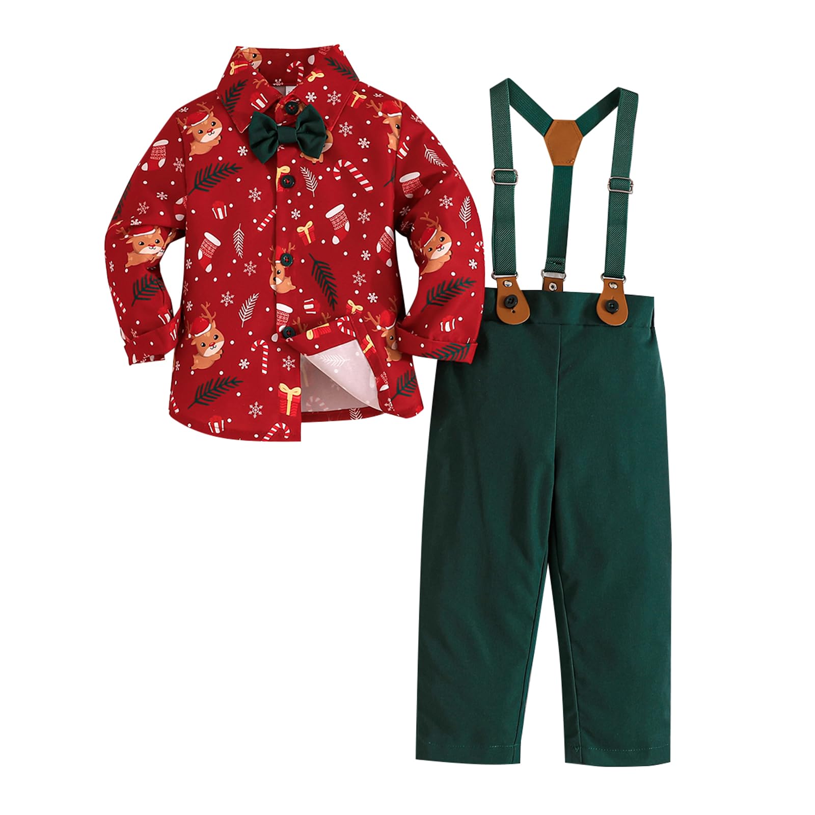 Kunyeah Tenue de Noël pour petit garçon Chemise à manches longues avec nœud papillon et bretelles Pantalon pour 9 mois à 6 ans