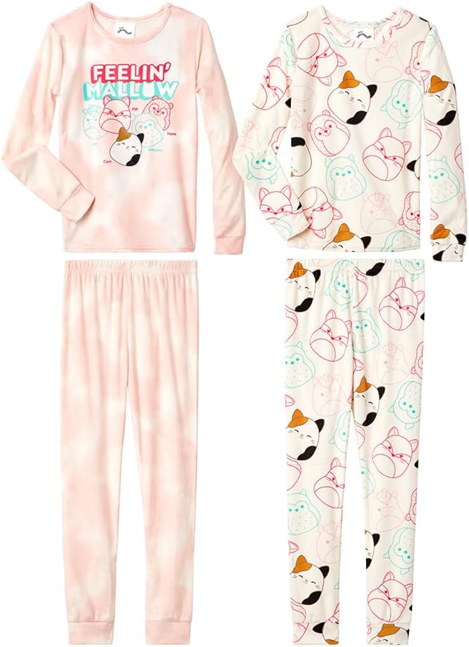 Squishmallows Girls’ 4-Piece and 2-Piece Pajama Set - Long Sleeves T-Shirt and Pajama Pants