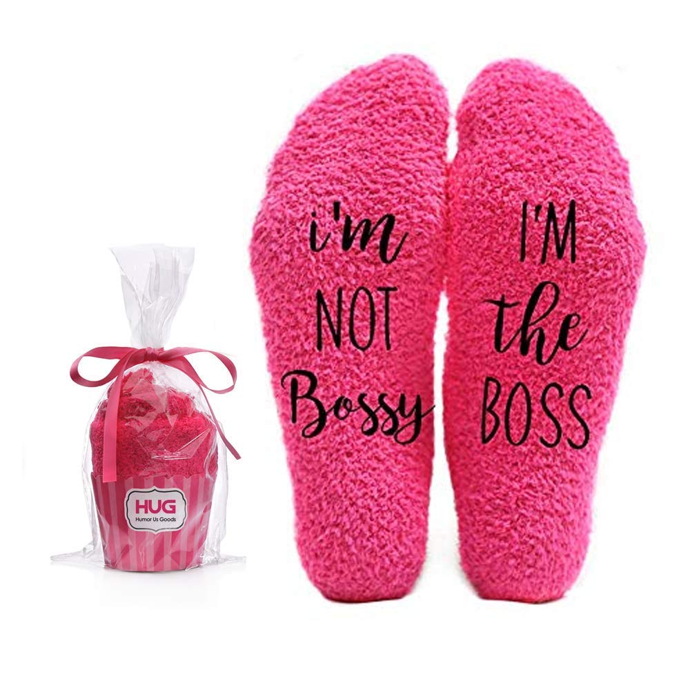 I'm not Bossy, I'm the Boss Funny Socks - Cool Coral Fuzzy Novelty Cupcake Packaging for Her - Gift Idea for Mom, Wife, Sister, Friend, Aunt or Grandma - Birthday, Christmas, Anniversary - 1 Pair