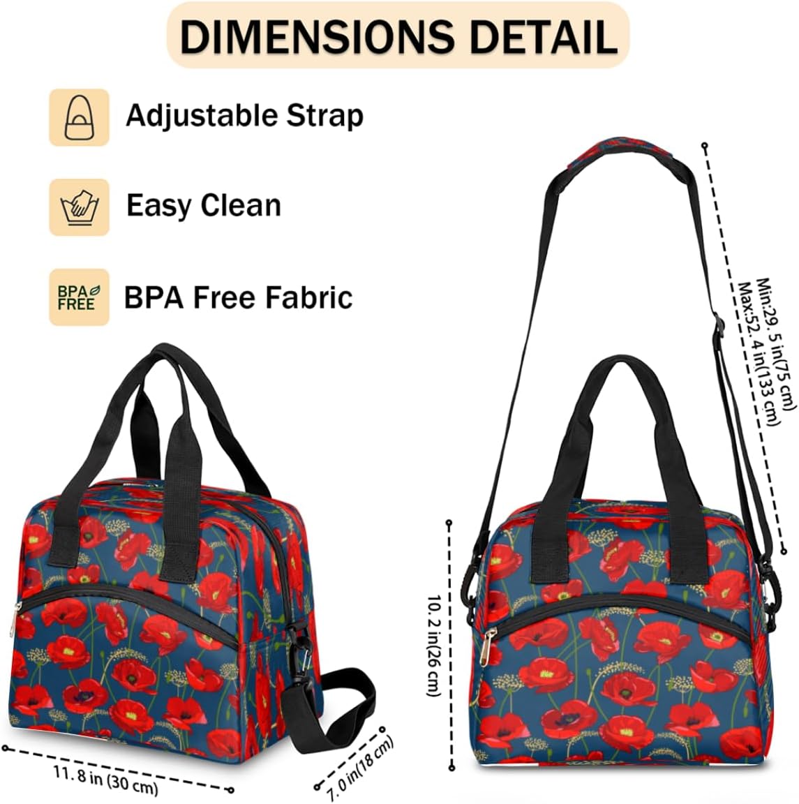 Insulated Lunch Bag for Women Men Poppies Pattern Leakproof Cooler Tote Bag Large Reusable Adult Lunch Box with Adjustable Shoulder Strap for Office Work Picnic Travel Beach