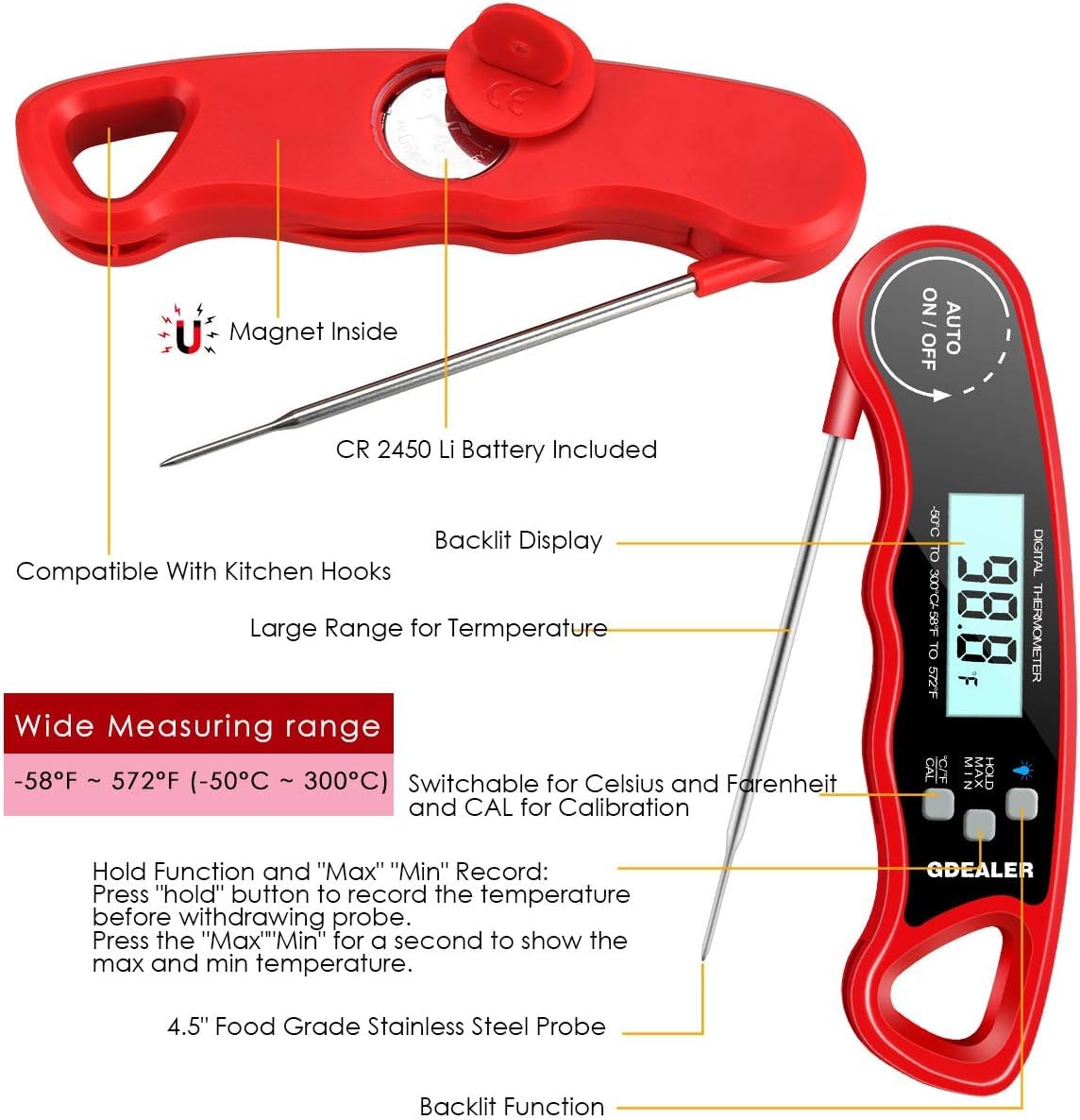Instant Read Meat Thermometer for Grill and Cooking. Best Waterproof Ultra Fast Thermometer with Backlight & Calibration. Digital Food Probe for Kitchen, Outdoor Grilling and BBQ!