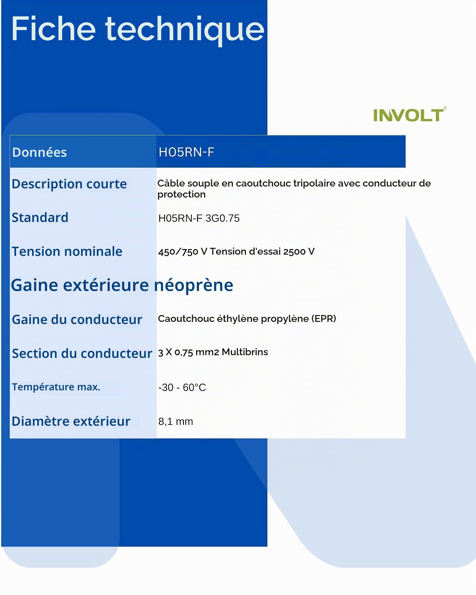 INVOLT 50m de câble en caoutchouc H05RN-F 3G0,75 mm², flexible, robuste, câble en caoutchouc avec conducteur de protection pour la connexion d'appareils électriques, VDE