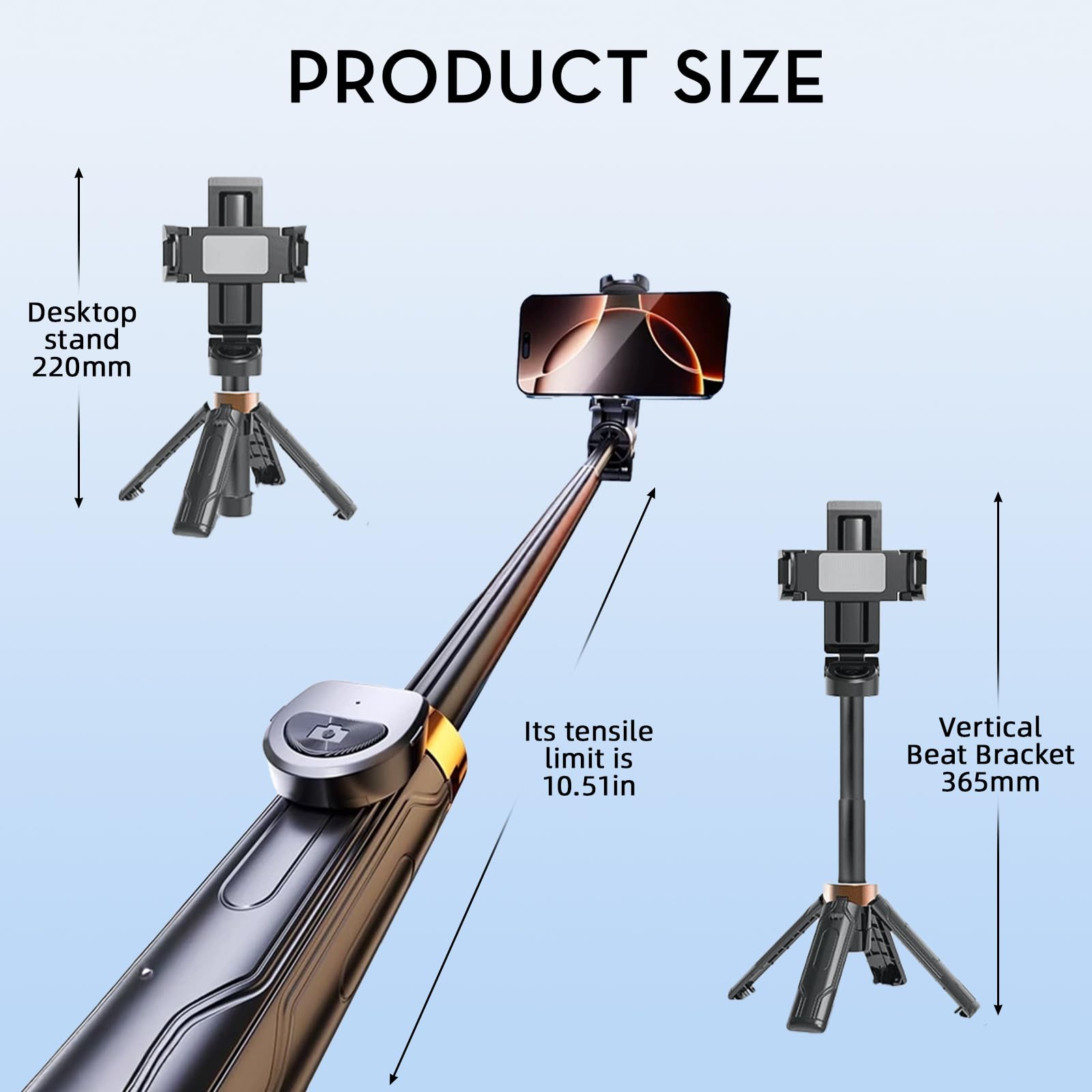 Selfie Stick Mini With Bluetooth Remote And Light, Tripod For