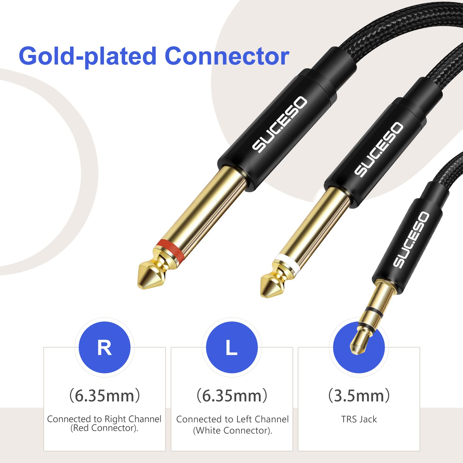 SUCESO 3.5mm to Dual 6.35mm Audio Cable 1/4" Male to 1/8" Male Stereo TS Jack Mono Y Splitter Nylon Braided Digital Interface Cable Instrument Cable for Mixer Guitar - Image 2