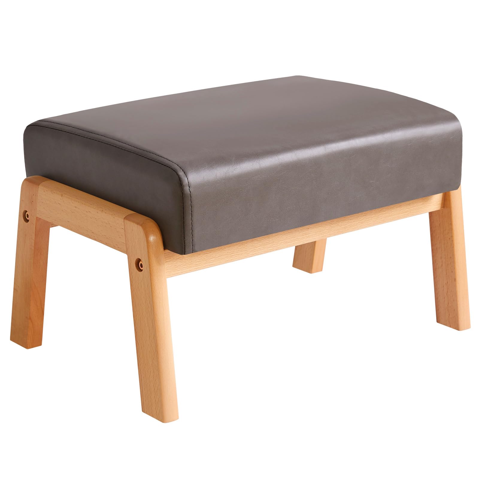 IBUYKE 10.2”H Pequeño Reposapiés Otomana, Rectángulo PU Cuero Reposapiés Taburete con Asiento Acolchado y Patas de Madera, Gris WBD013G