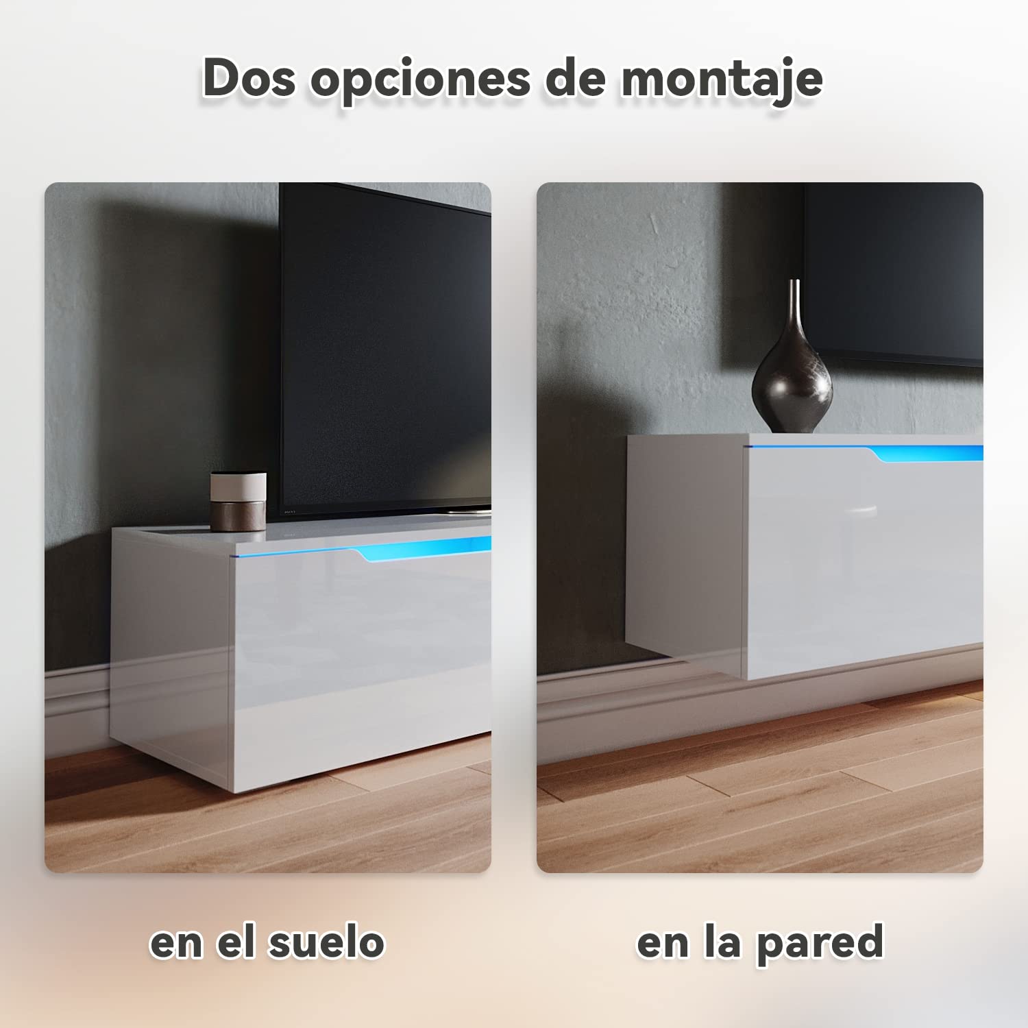 SONNI Mueble TV Suspendido Blanco Brillo con Luces 12 Colores,Mueble de Salón con LED Madera 2 Puertas Abatibles 140 cm