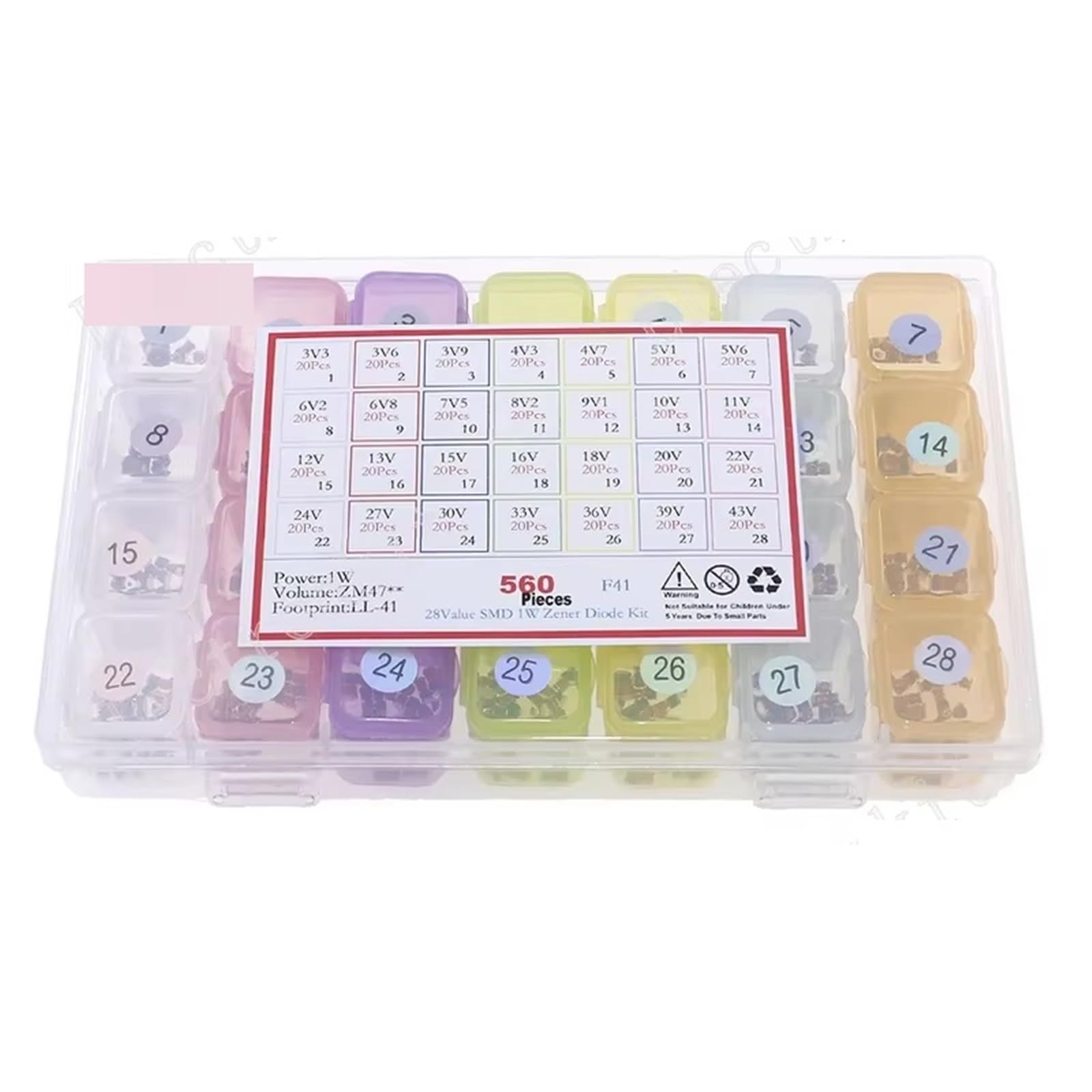 Kit Assortimento Diodo Zener SMD Da 560 Pezzi 28 Valori LL41 1W 3.3V .9V 4. 5.1V.5V 8.2V 9. 10V 12V 13V 15V 18V 22V 24V 30V 33V 39V 43V