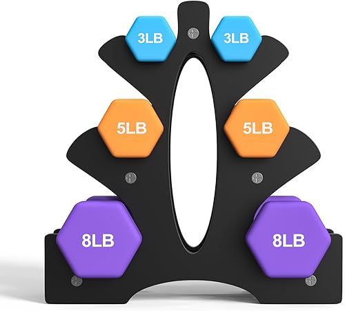 Miniatura 2 de Portzon Weights Dumbbells Set 3, 5, 8, and 10 Pound Neoprene Dumbbell Free Hand Weight Set with Rack, Ideal for Home Exercises, 32 LB, Anti-Slip,