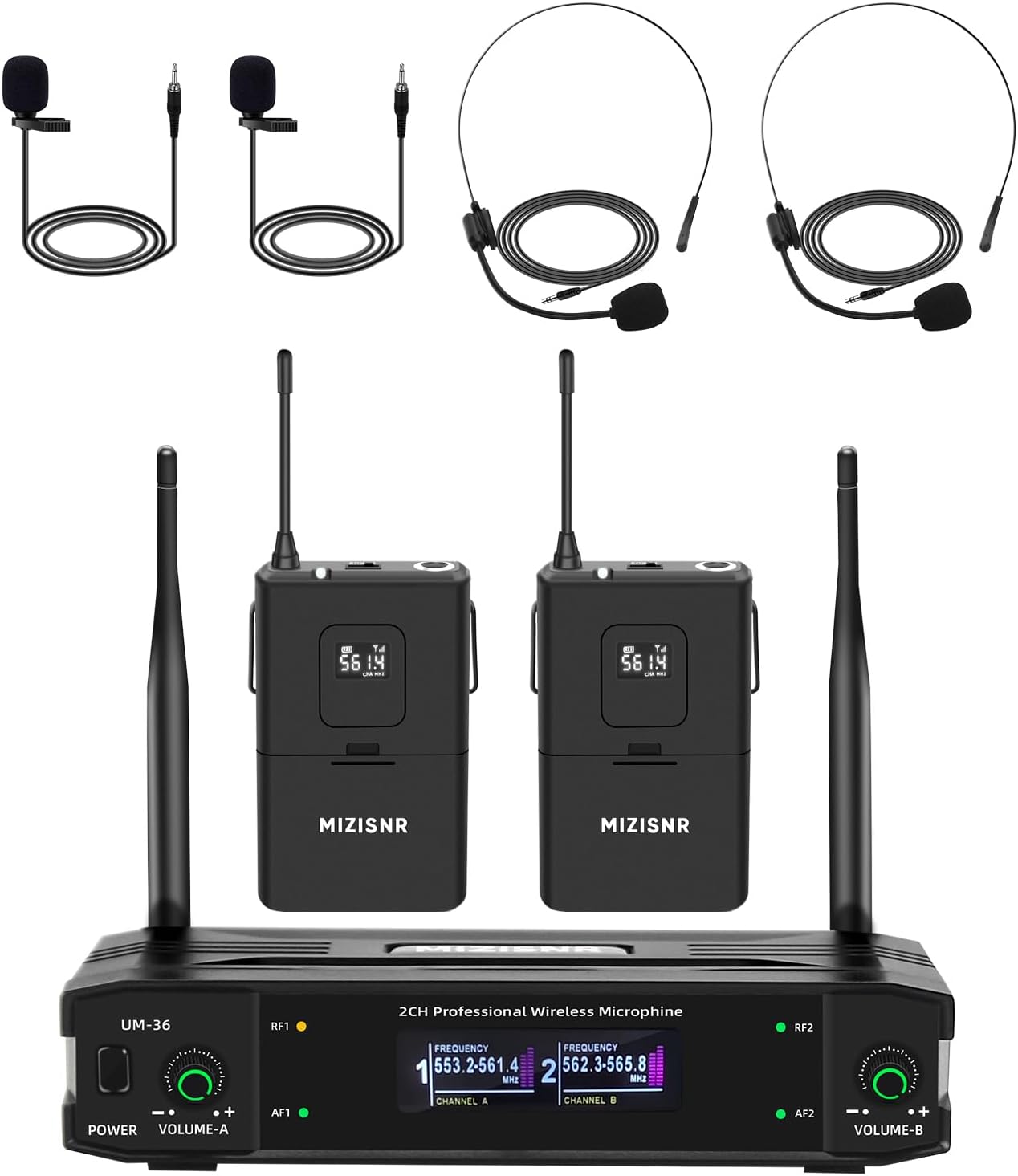 Wireless Lapel Microphone System with Headset & Lavalier Mics, Dual Channel UHF Cordless Microphone and receivers Set, 300ft Range for Singing, Church, Preaching, Wedding