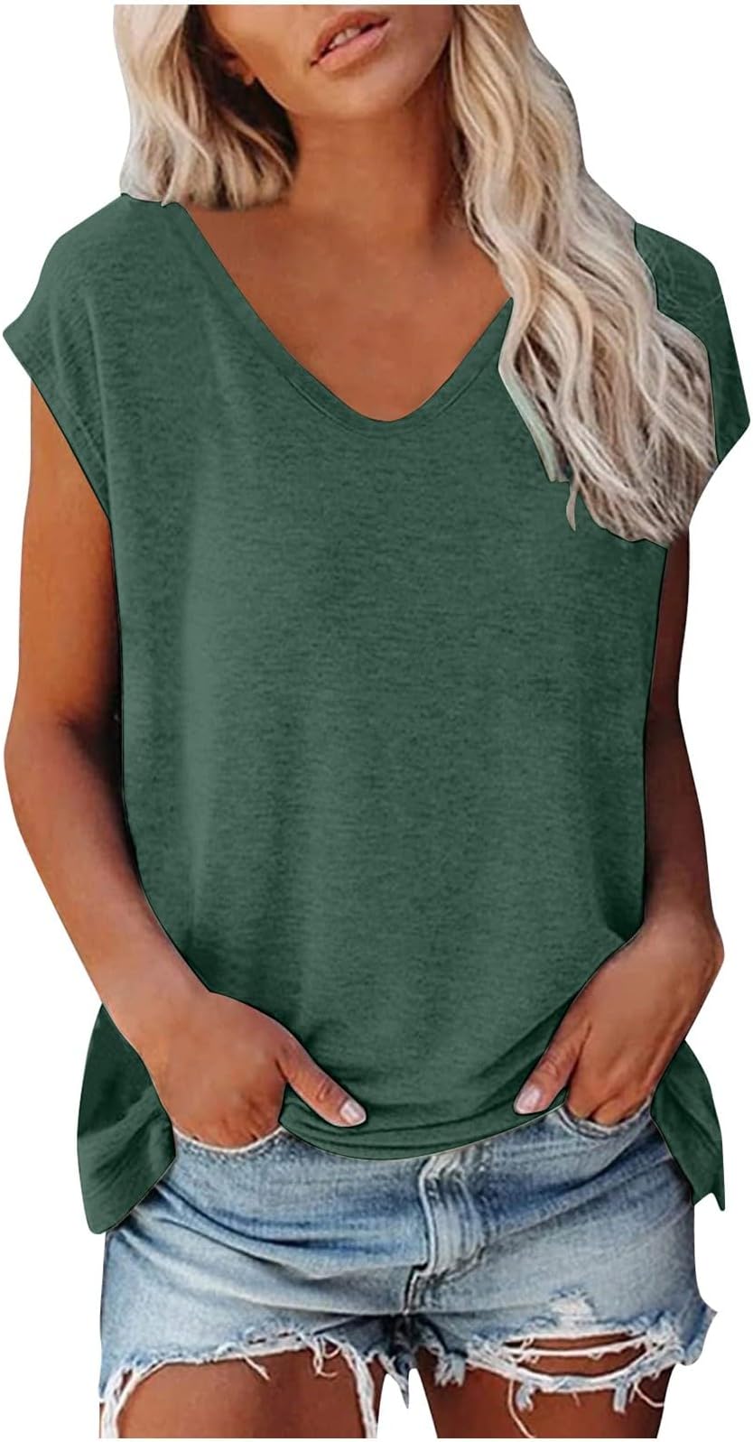 Cap Sleeve Tops for Women V Neck T Shirts for Women Loose Fit Solid Casual Shirts Summer Tops for Office & Leisure