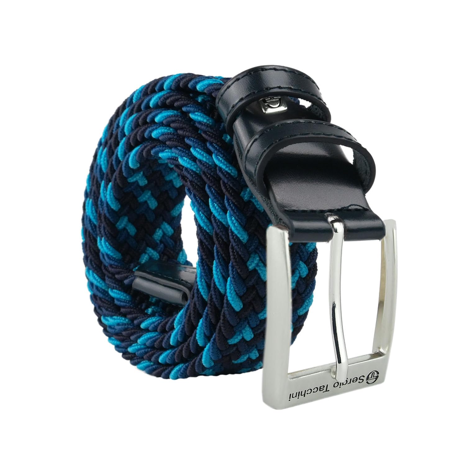 Sergio Tacchini Unisex Turquoise Blue Braided Elastic Belt For Men And Women With Genuine Leather Inserts, Gift Box, 115 (Taglia 48/52)
