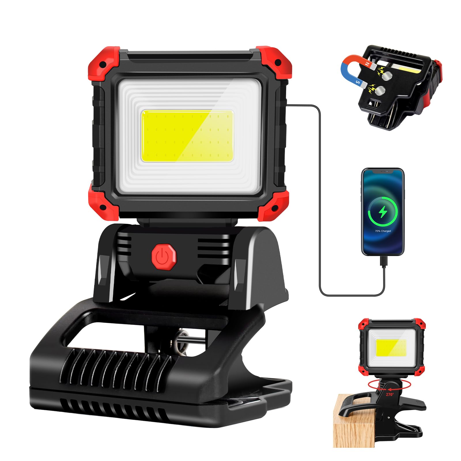 MASMEJOR Foco LED Recargable con Pinza, 2100LM Foco LED con Imanes & 3 Modos de Luz, Rotación de 270°, Luz de Trabajo Portátil Ideal para Camping, BBQ, Pesca, Taller, Emergencias