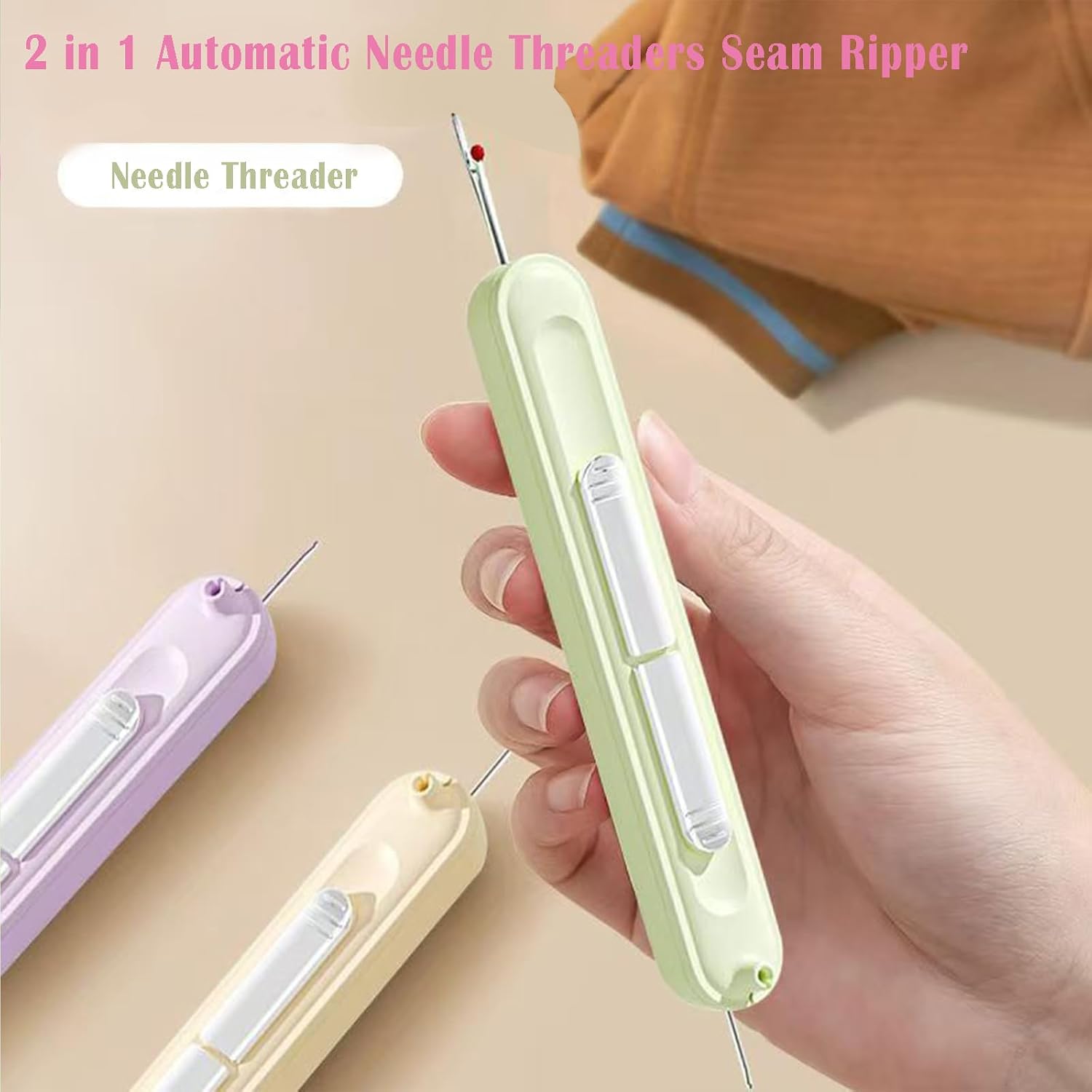 Girlsvorlsvi Upgraded 2 in 1 Automatic Needle Threaders Seam Ripper, Needle Threaders for Hand Sewing, Stitch Remover Tool, Multifunctional Quilting Supplies Sewing Accessories (Green 2 Pack)