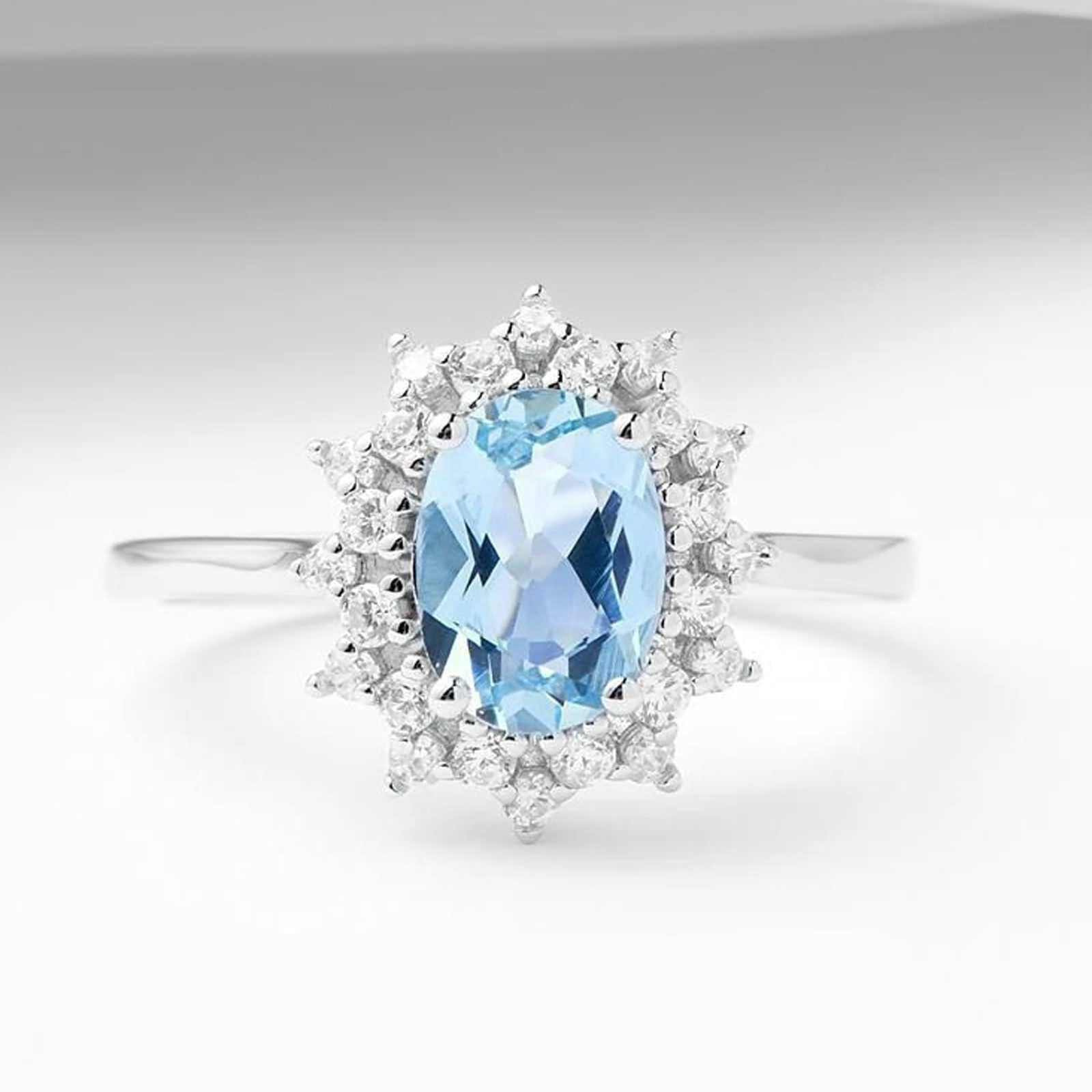 Anillo de boda para mujer, anillo de boda gótico con aguamarina ovalada y diamantes de oro blanco