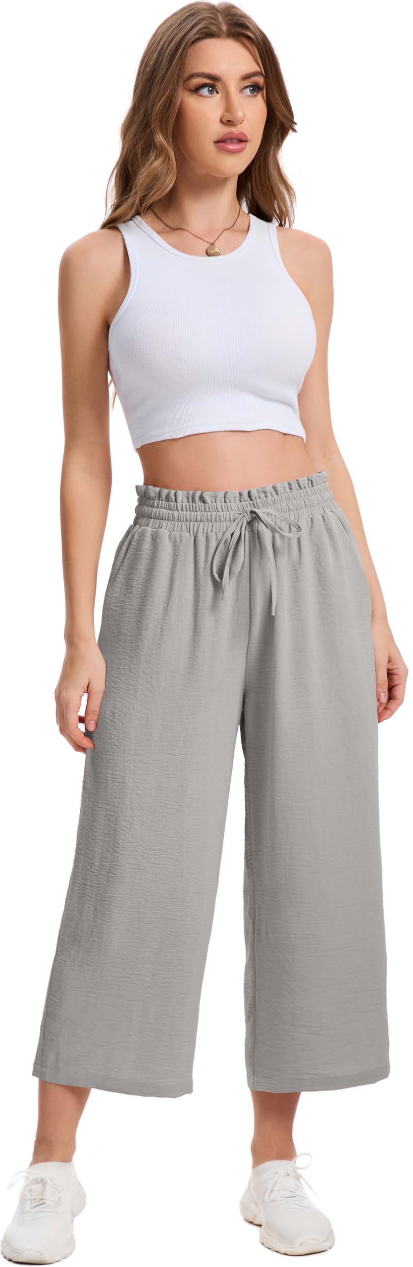 Damskie Spodnie Letnie 3/4 Culotte Wysoki Stan z Falbanką Elastyczną Talią Lekkie Oddychające Spodnie Capri z Kieszeniami dla Kobiet