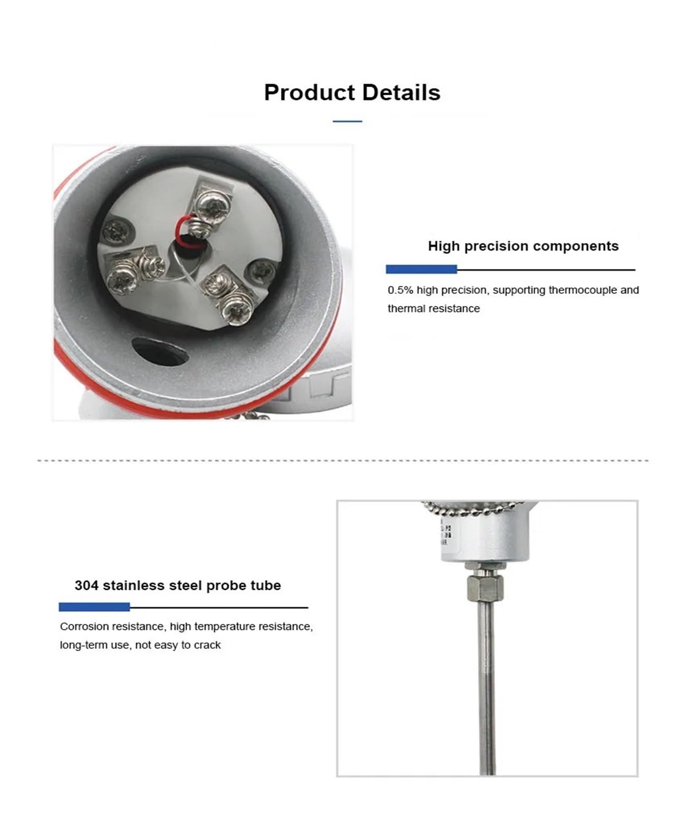 Sensor de temperatura, Sensor de temperatura PT100, transmisor, caja de conexiones, sonda índigo, 50-300 mm, QDY60B(Probe 300mm)