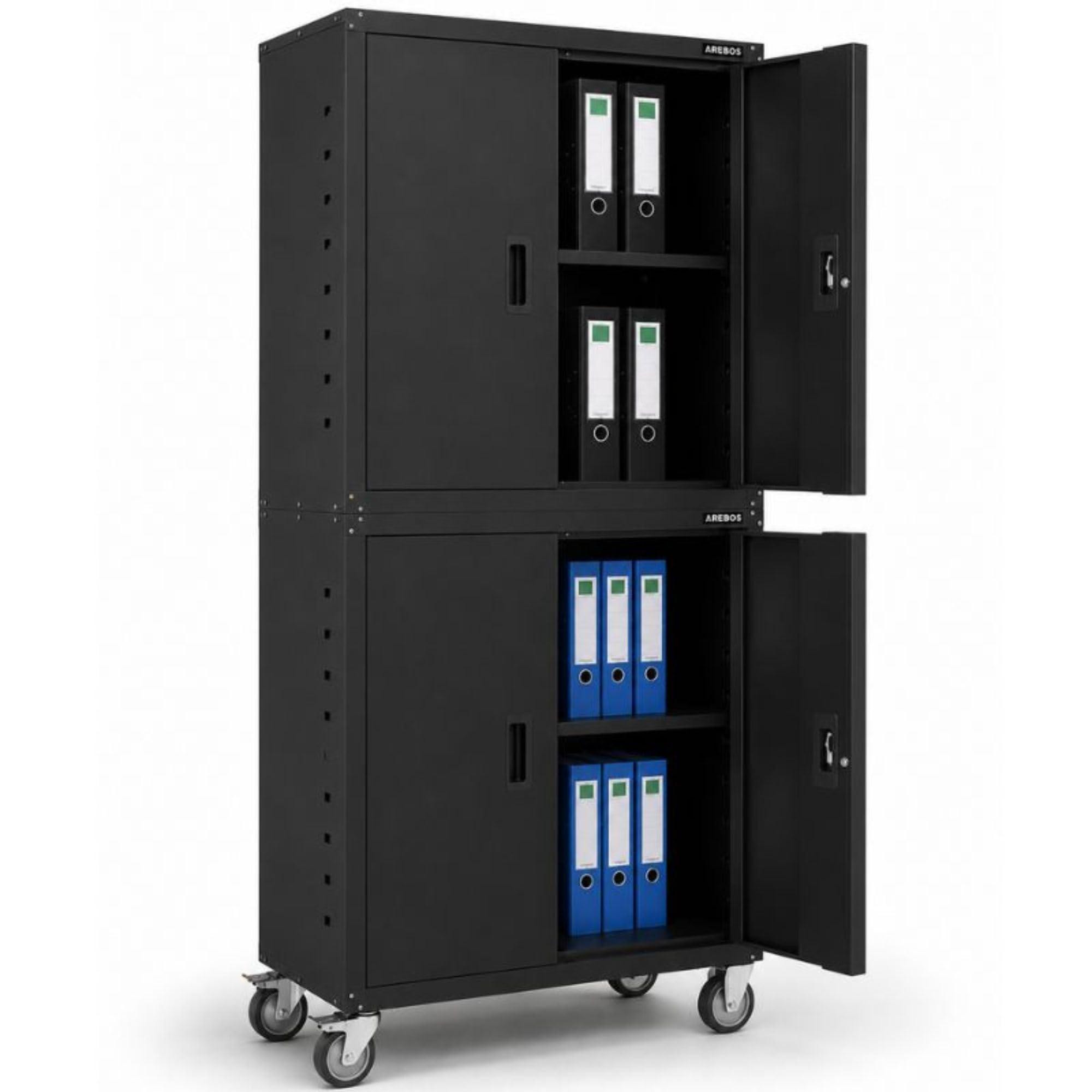 Arebos Armadietto da ufficio, nero, 195 x 40 x 90 cm, set da 2 pezzi, 4 ante, con ruote, 2 ripiani regolabili in altezza, con serratura a cilindro