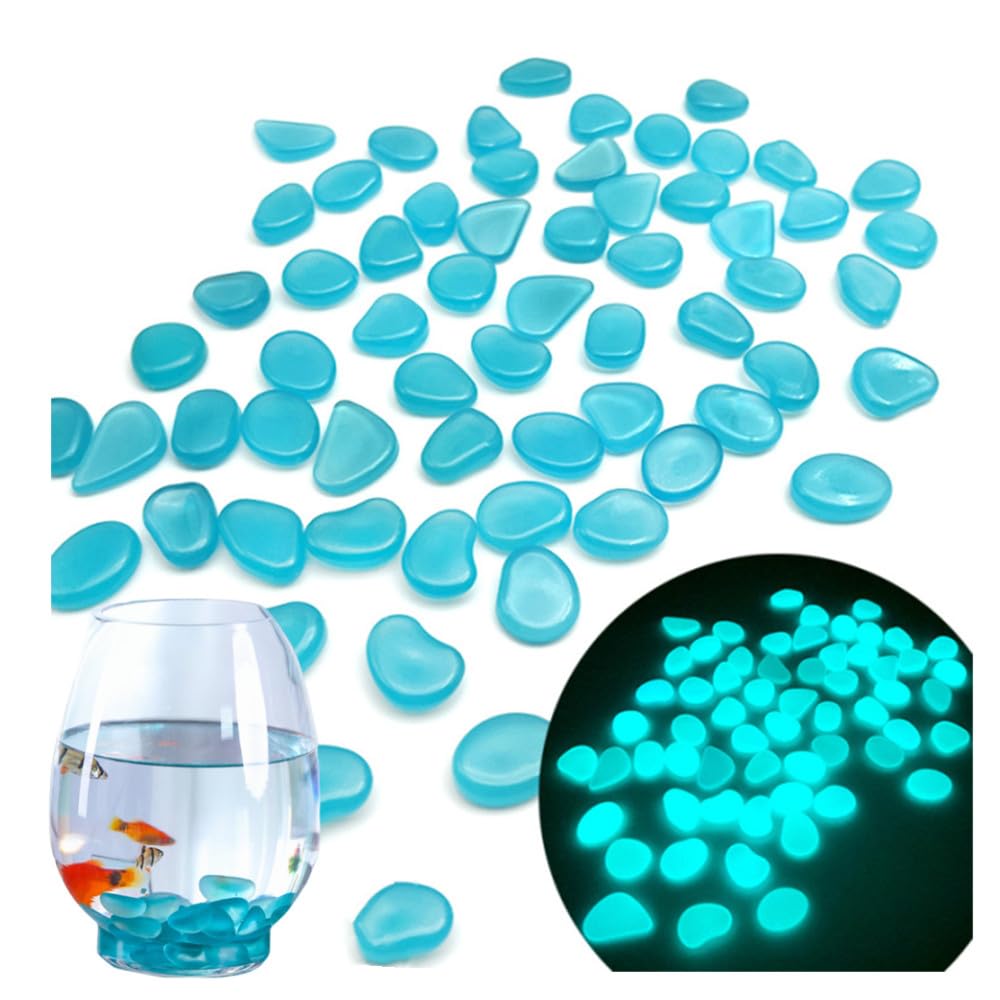 Naisfei Glass Stones, 200 pcs Fish Tank Rocks Glow in The Dark,Pebbles Stone for Fish Tank Aquarium Garden Plant Pots Bonsai Walkway(Blue)