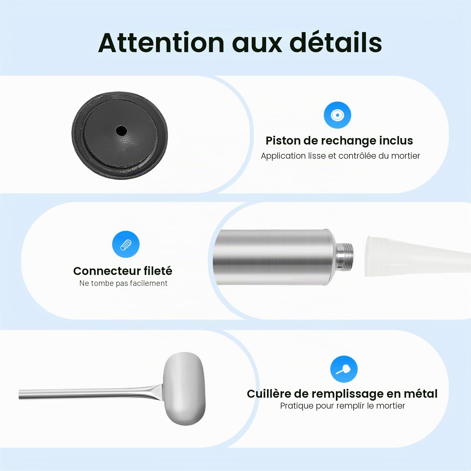Pistolet à joint pour mortier avec 2 buses-Pompe manuelle en acier inoxydable, pelle, seringue à béton, outil de jointoiement pour carrelage, maçonnerie, silicone et mastic
