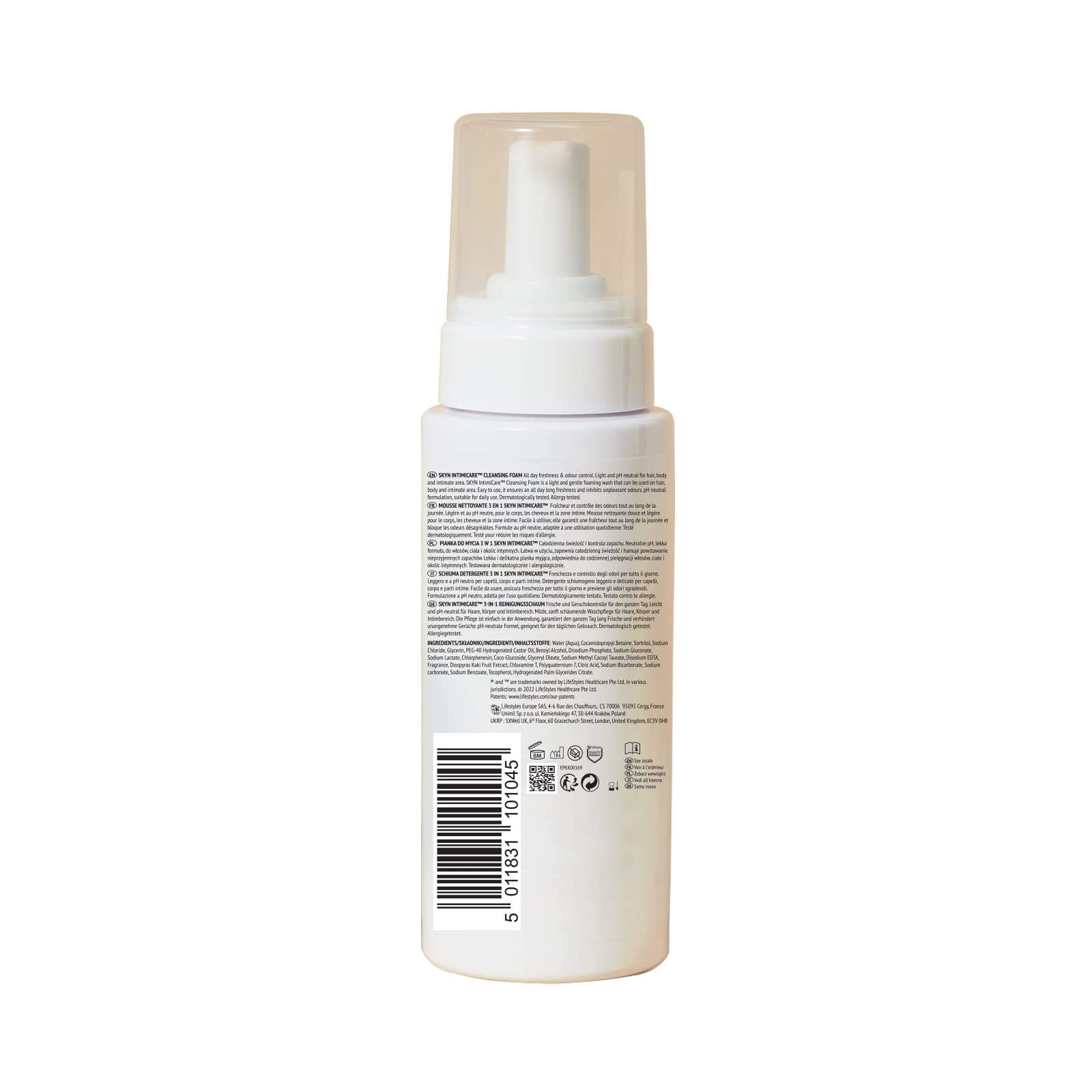 SKYN Intimicare: Pianka oczyszczająca intymna 3 w 1 (200 mL) dla mężczyzn i kobiet do włosów, ciała i okolic intymnych/nawilżenia, kontrola zapachu, pH zrównoważone. Testowana dermatologicznie