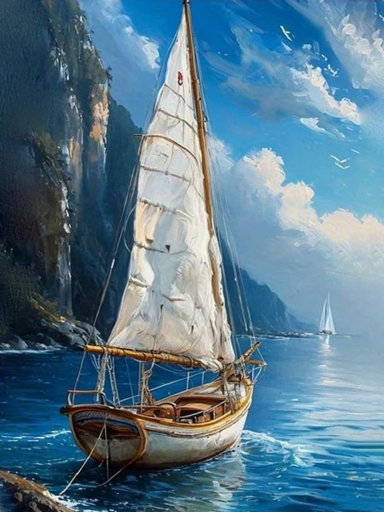 Renqidian Stamped Cross Stitch Kits for Adults Sailboat 11CT Beginner Embroidery Kit DIY Advanced Handmade Crafts Home Decor (40x50 cm)