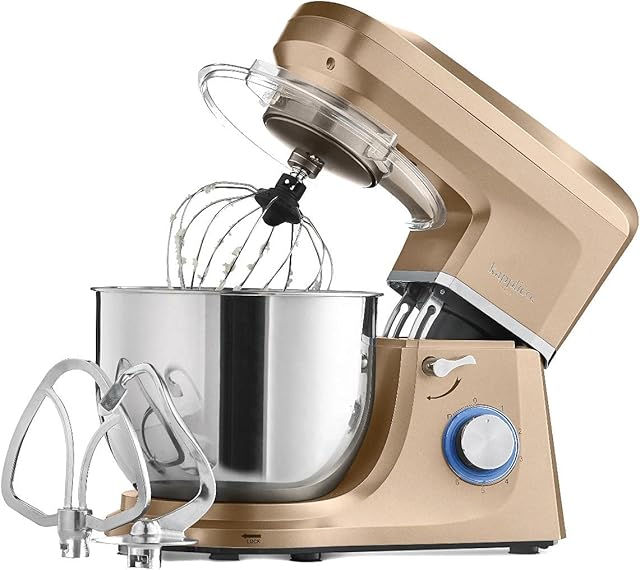 KAPPLICO® Pro Plus 1800W Stand Mixer, 7.0L Stainless Steel Bowl, 6-Speed Food Mixer, Dough Hook, Whisk & Mixing Beater, Non-Slip Rubber Feet, 24m Warranty. (Gold)