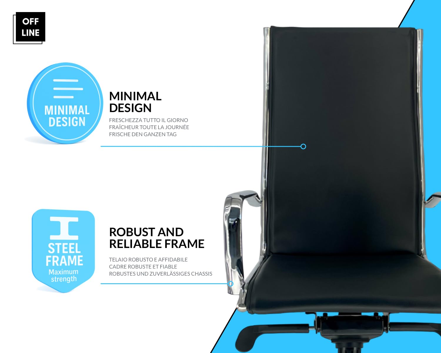 OFF LINE Sedia Ergonomica per Ufficio e per Smart Working, Ruote Silenziose, Per Uso al PC, in Finta Pelle Nera e Telaio con Braccioli in Acciaio Cromato, Schienale Alto (70x70x120 cm)
