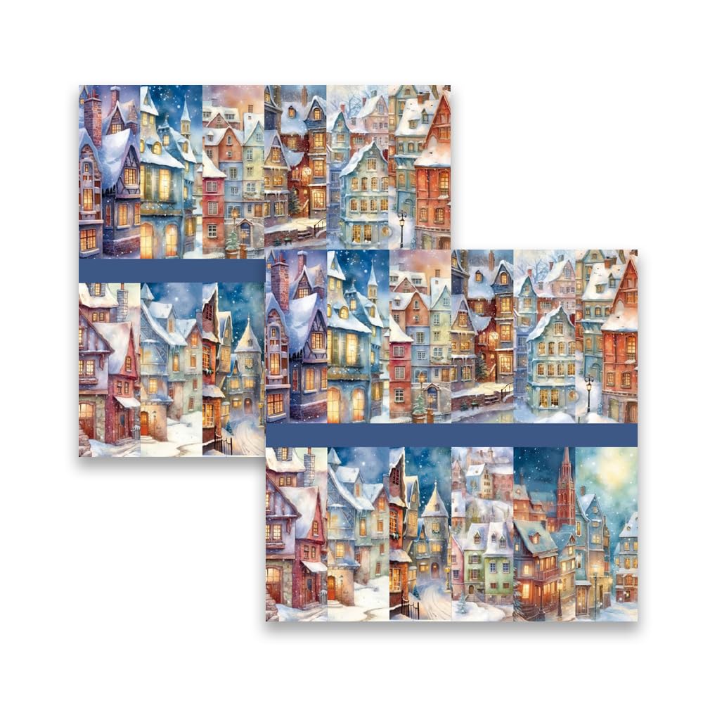 MerwDeeyt 48 Sheets Snow City Pattern Scrapbook Paper 6x6 Inch Single-Sided Printed Winter Origami Deco Background Craft Papers for Scrapbooking DIY Card Making for Junk Journals Decoupage