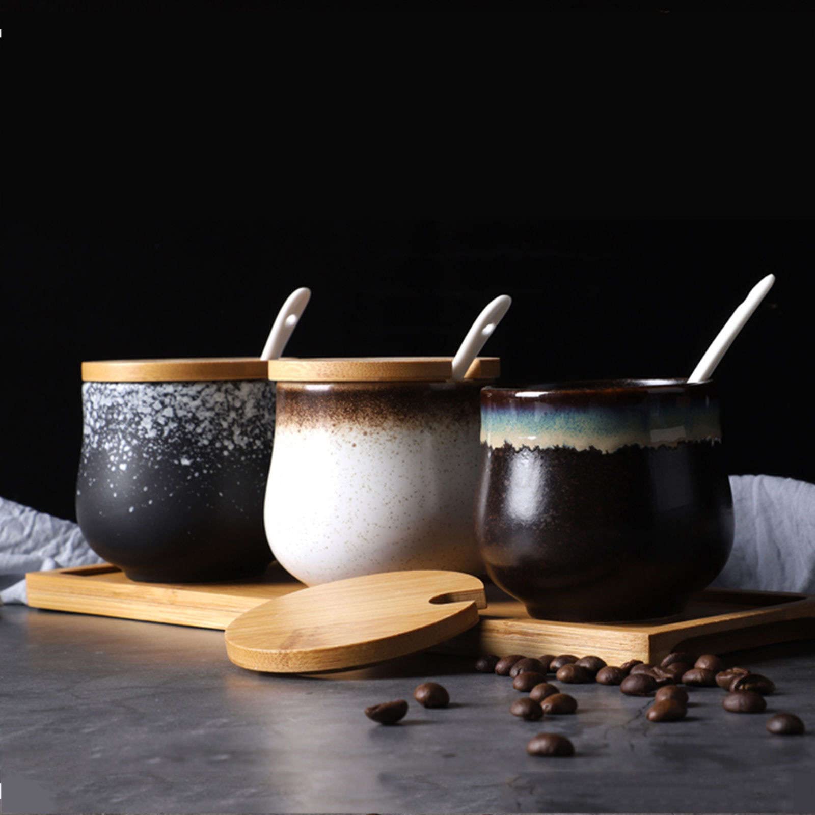 Sucrier, Pot à assaisonnement, sucrier Japonais avec Couvercle, Pot de Rangement rétro en céramique, Petit Pot à Sucre de 200 ML, Pot à épices, pour café, Restaurant, maison-g-200 ML 7 oz