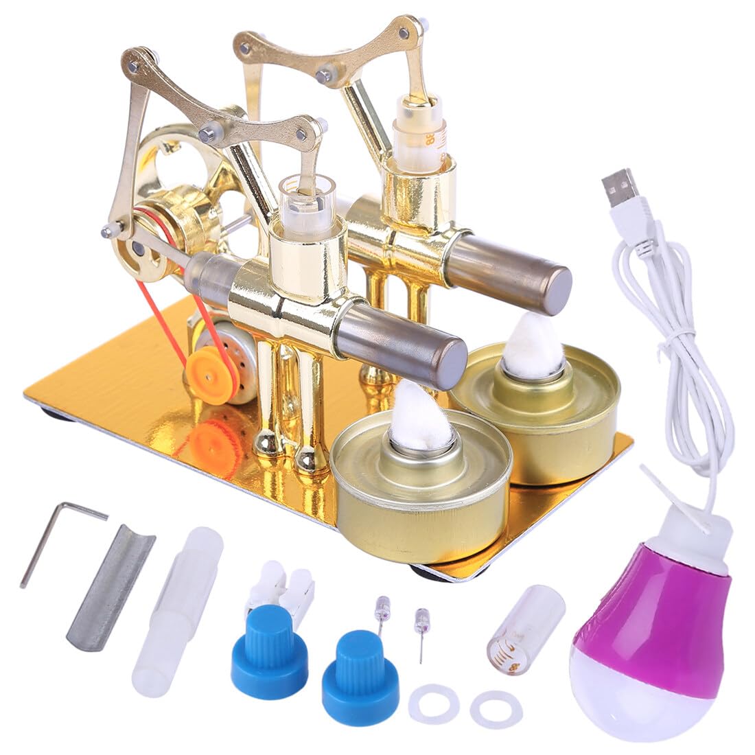 Stirling Modèle de moteur à vapeur à cylindre chaud en métal, modèle de moteur à gros piston à deux cylindres, à combustion externe, moteur thermique (couleur de l'ampoule aléatoire)