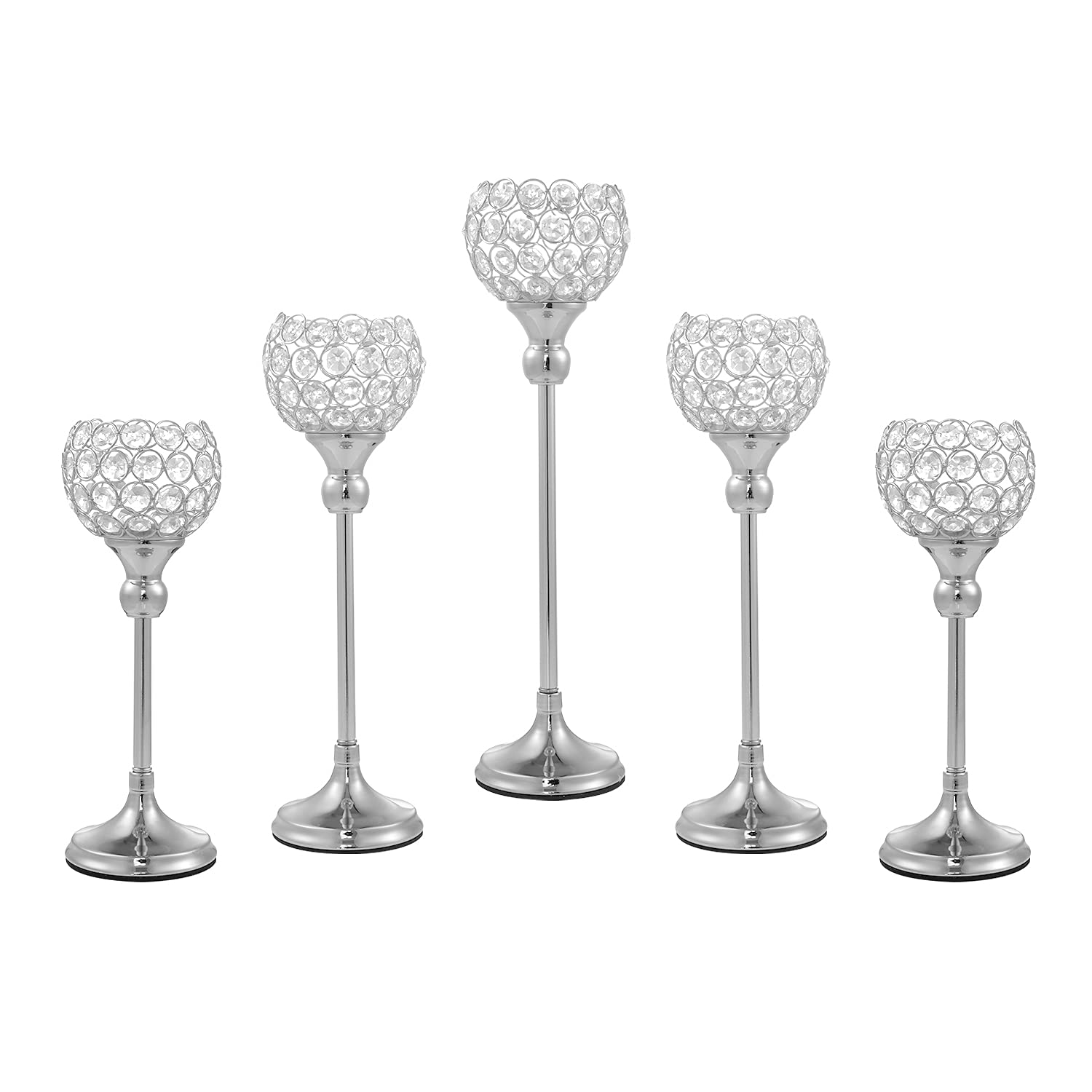 ECOM KING Sliver Crystal Candle Holder,Tea Light Candlestick Holders for Wedding Table Decoration,Centerpiece for Party Home Decor(Sliver,5Pcs)