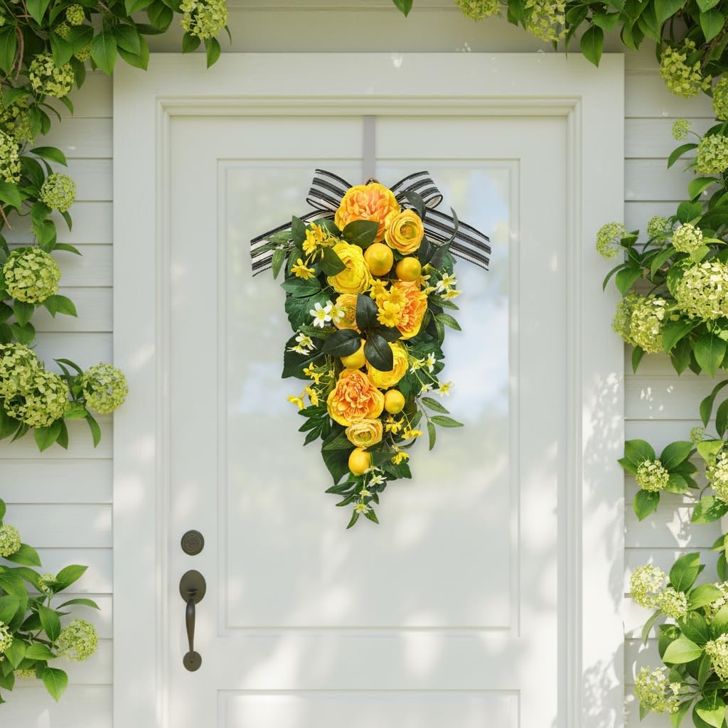24 Inch Pre-Lit Lemon Swag for Front Door with 10 LED Lights Artificial Spring Summer Floral Teardrop Decoration with Striped Bow Yellow Peony for Spring Summer Farmhouse Decor Indoor Outdoor