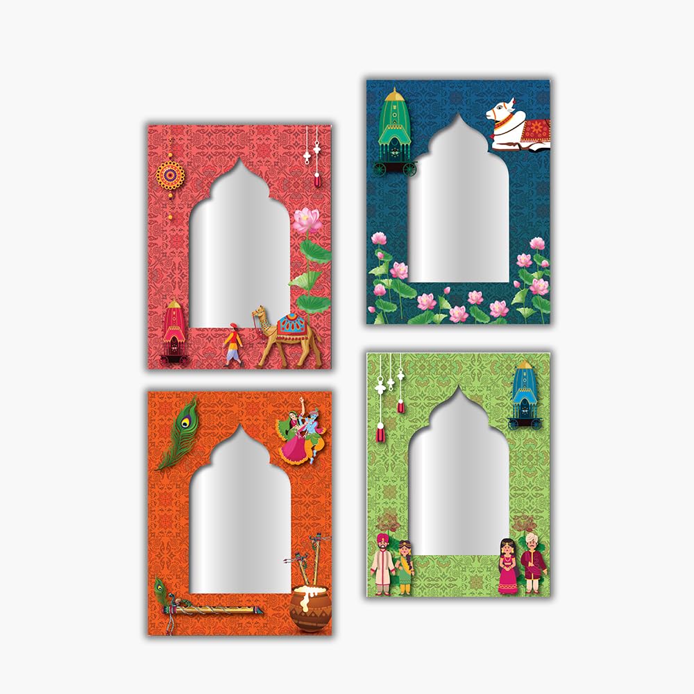 wallkriti Pine Indian Traditional Jharokha ?Wall Mount Rectangular Art Piece Set, 4 Pieces, Decorative Arch Design With Cultural Motifs, Multi-Colour, 30x20 cm1