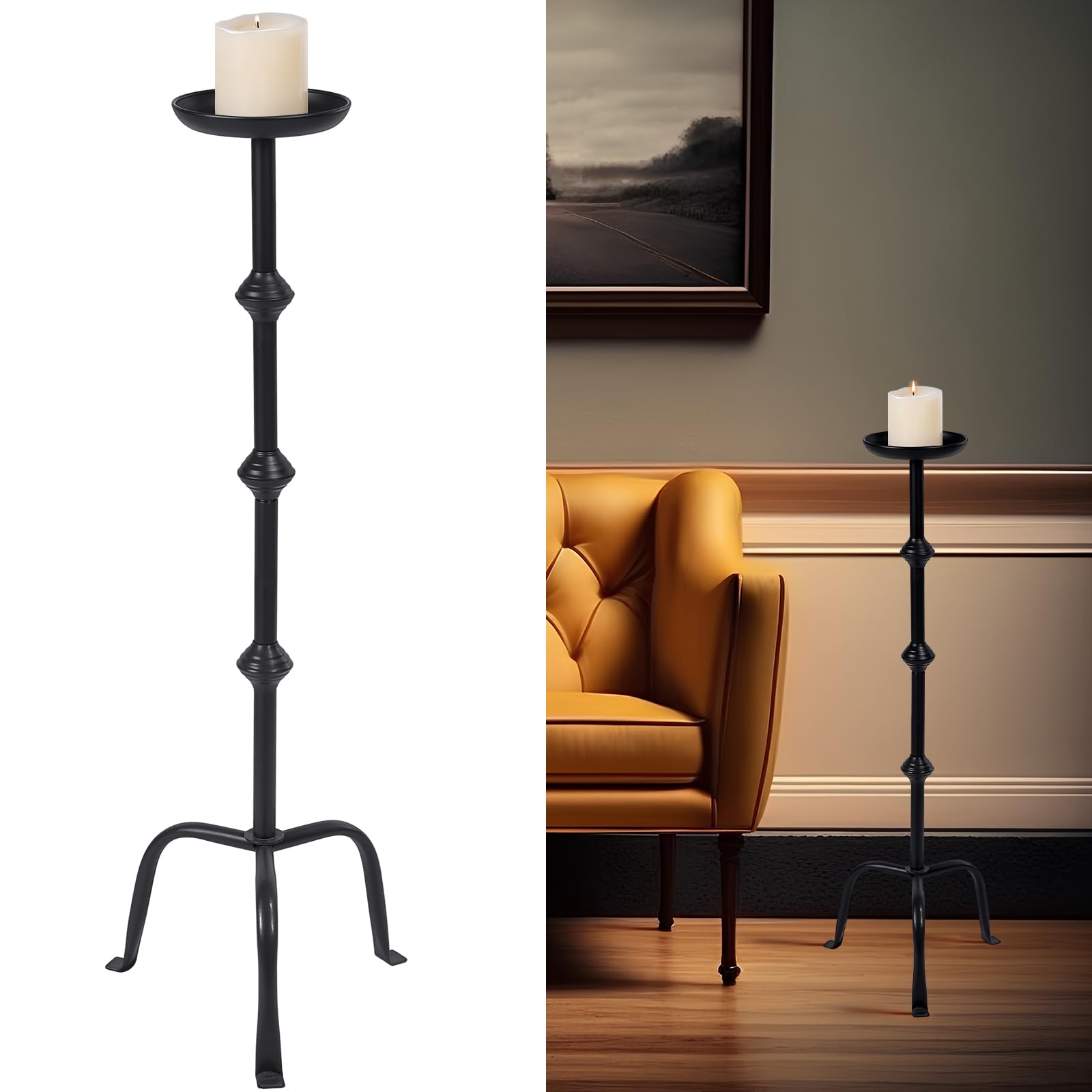 Mumufy 1 Pcs Metal Candlestick Floor Pillar Candleholder Elegant Tall Candleholder Metal Candelabra Candlesticks Holder for Formal Events Wedding Church Holiday Decor (32 Inch,Black)