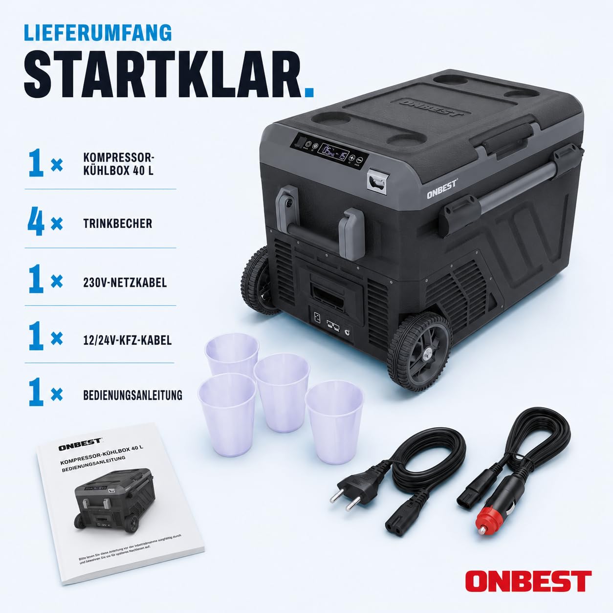 ONBEST Kompressor Kühlbox 40L 12V 230V Elektrische Gefrierbox Teleskophandgriff Mobile Autokühlbox