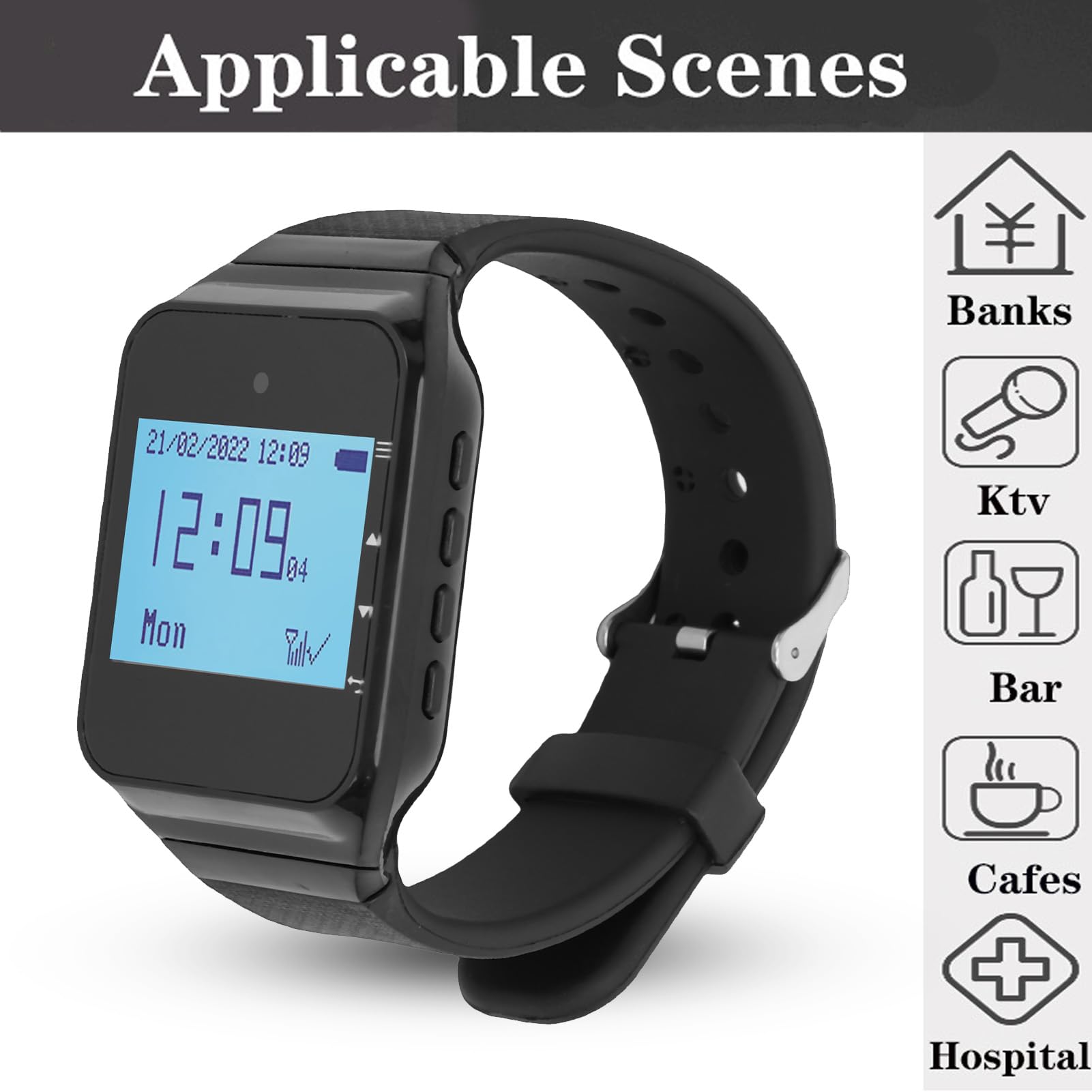 de Localización Inalámbrico para Restaurantes, 1 Receptor de Reloj con 10 Timbres de Escritorio, Pantalla LCD, 500 Canales, Zumbador por Vibración, Resistente Al Agua IPX4, para (Negra)