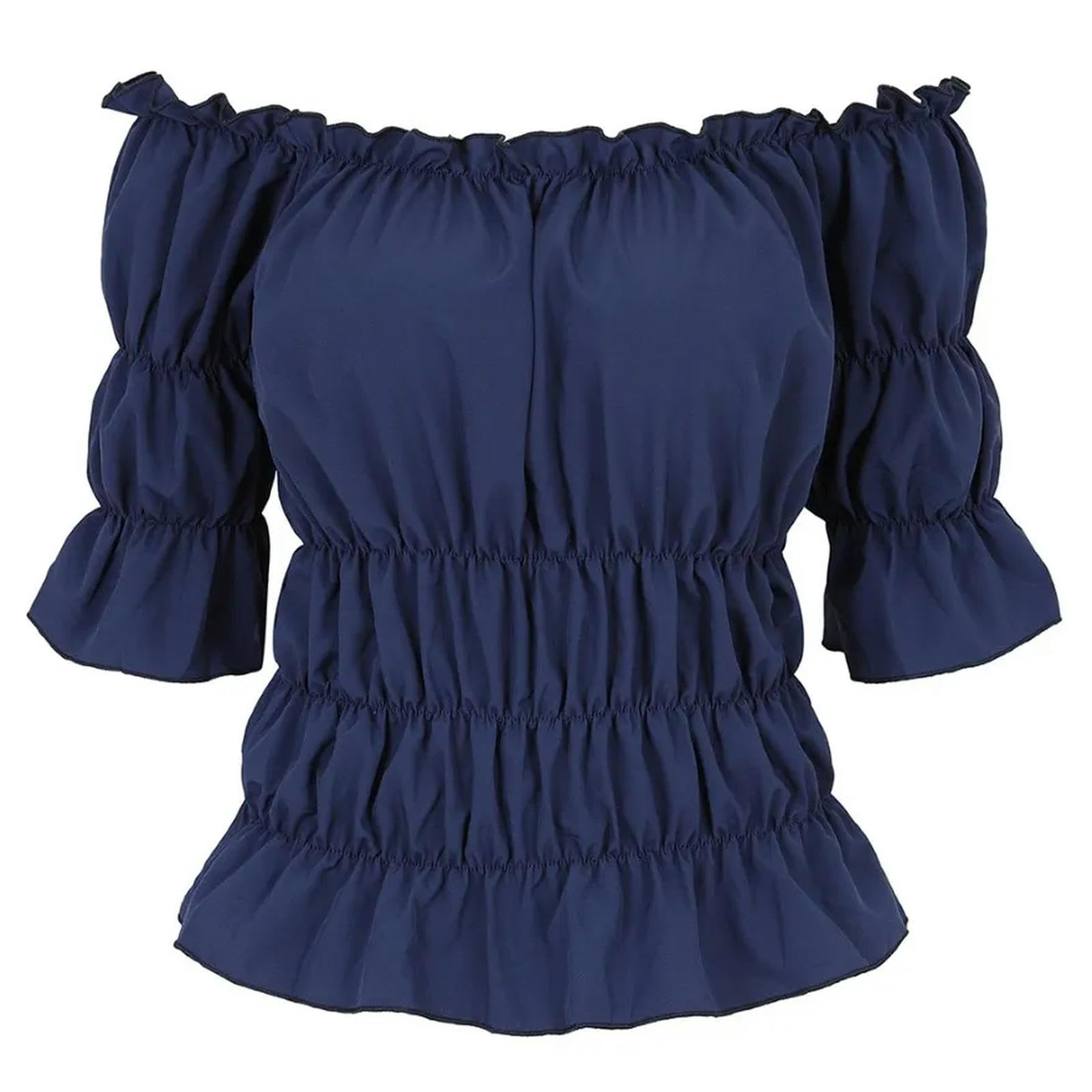 Damen Renaissance-Bluse, schulterfrei, Kurze Ärmel, schmale Passform, mittelalterliche Mode, Piratenbluse, Hemd, Cosplay-Kostüm, Übergröße, Marineblau, S