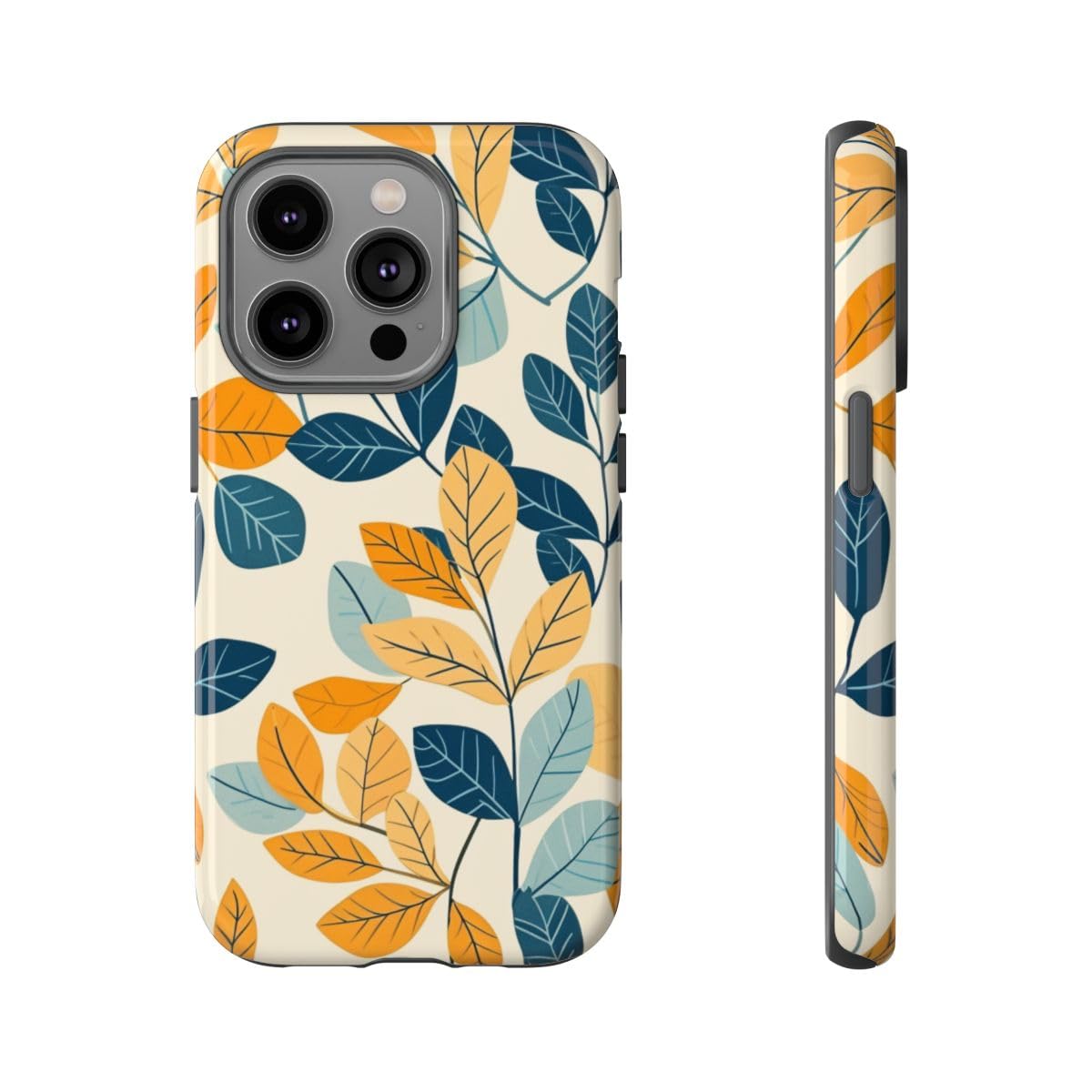 Coque iPhone 14 Pro motif feuille colorée bleue rigide et brillante - 5