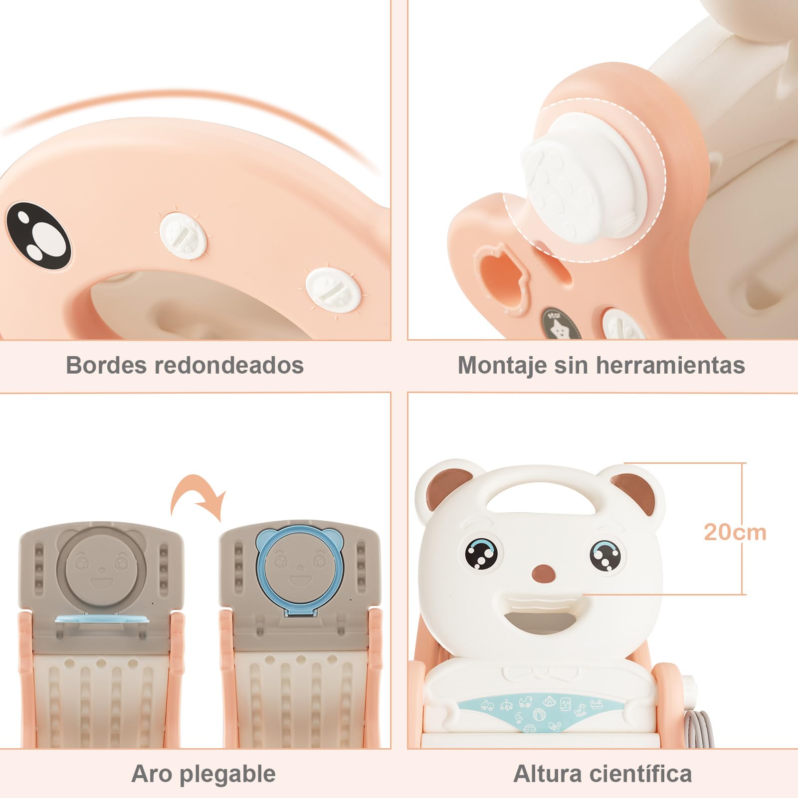 COSTWAY Tobogán Infantil Plegable 4 en 1, Tobogán para Niños con Canasta de Baloncesto y Escalera, Tobogán Multifuncional para Niños con Anillos, Caballo Balancín para Niños (Rosa, Oso)