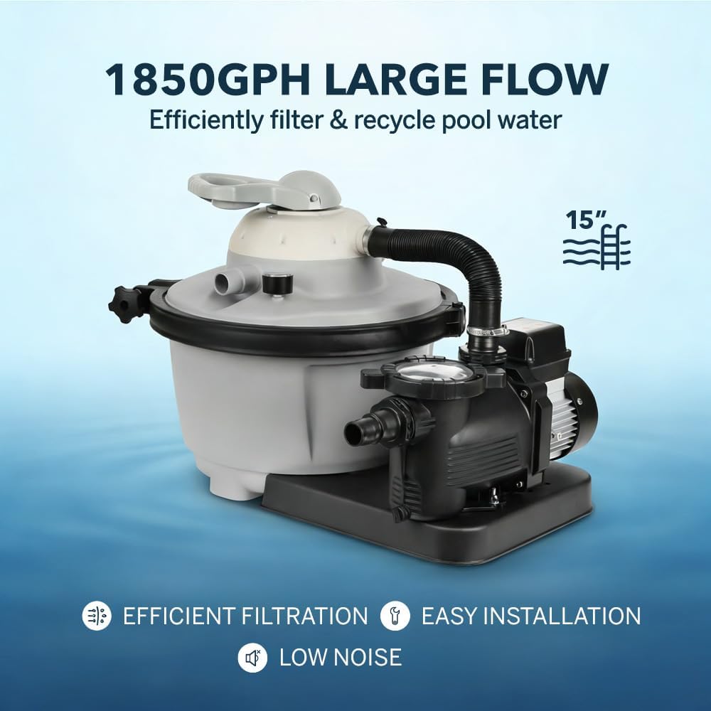 Sand Filter Pump for Above Ground Pools,15 Inch Pool Sand Filter with Prefilled Filter Balls,Filter Pump,Timer, Prefilter Basket,7-Way Valve –1850 GPH for Pools up to 13,000 Gallons