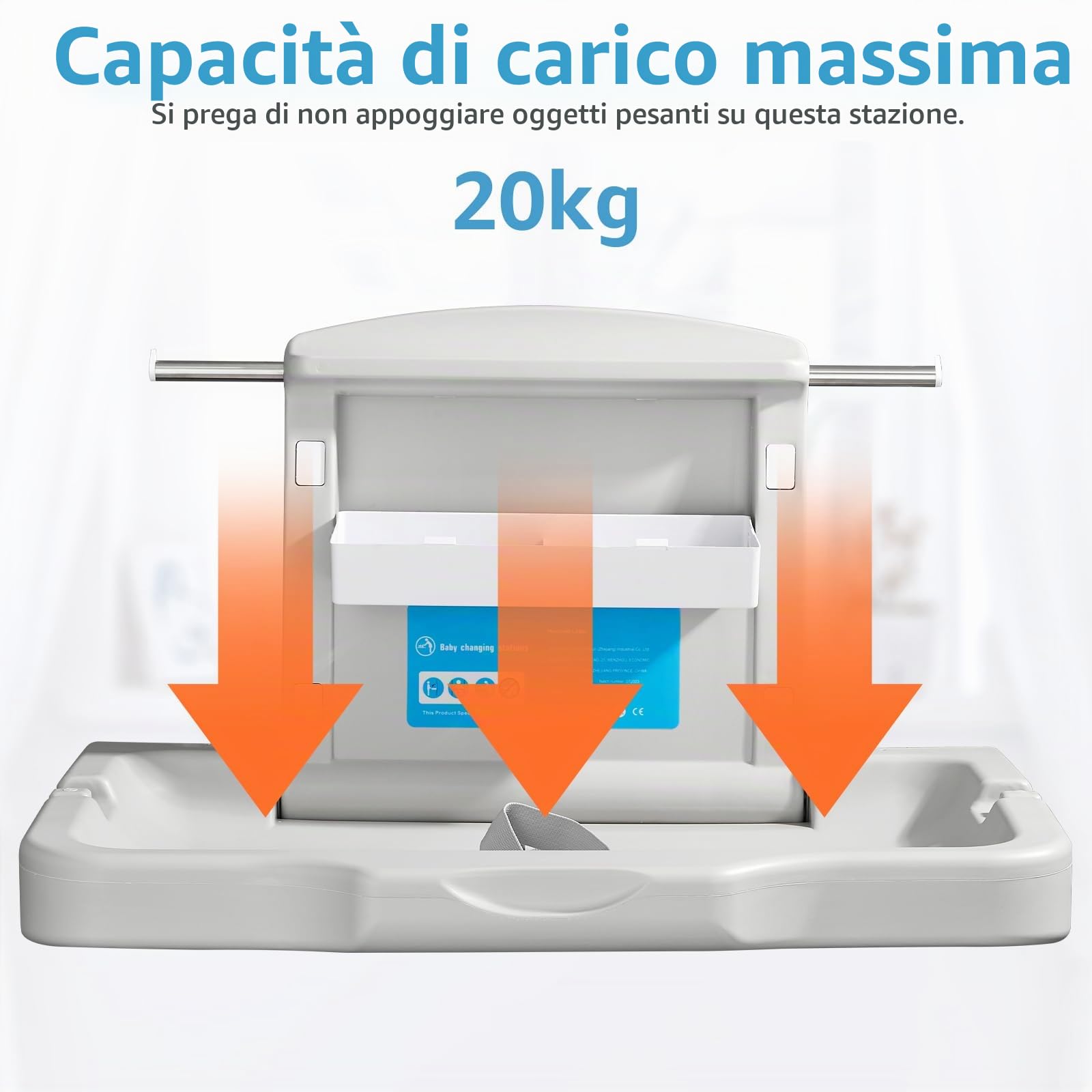 modunful Fasciatoio Bambini da Parete, Pieghevole Fasciatoio Commerciale Orizzontale 85 x 59 cm a Muro, in HDPE per Pannolini con Cinghia di Sicurezza Regolabile, Conforme CPC, Bianco Grigio