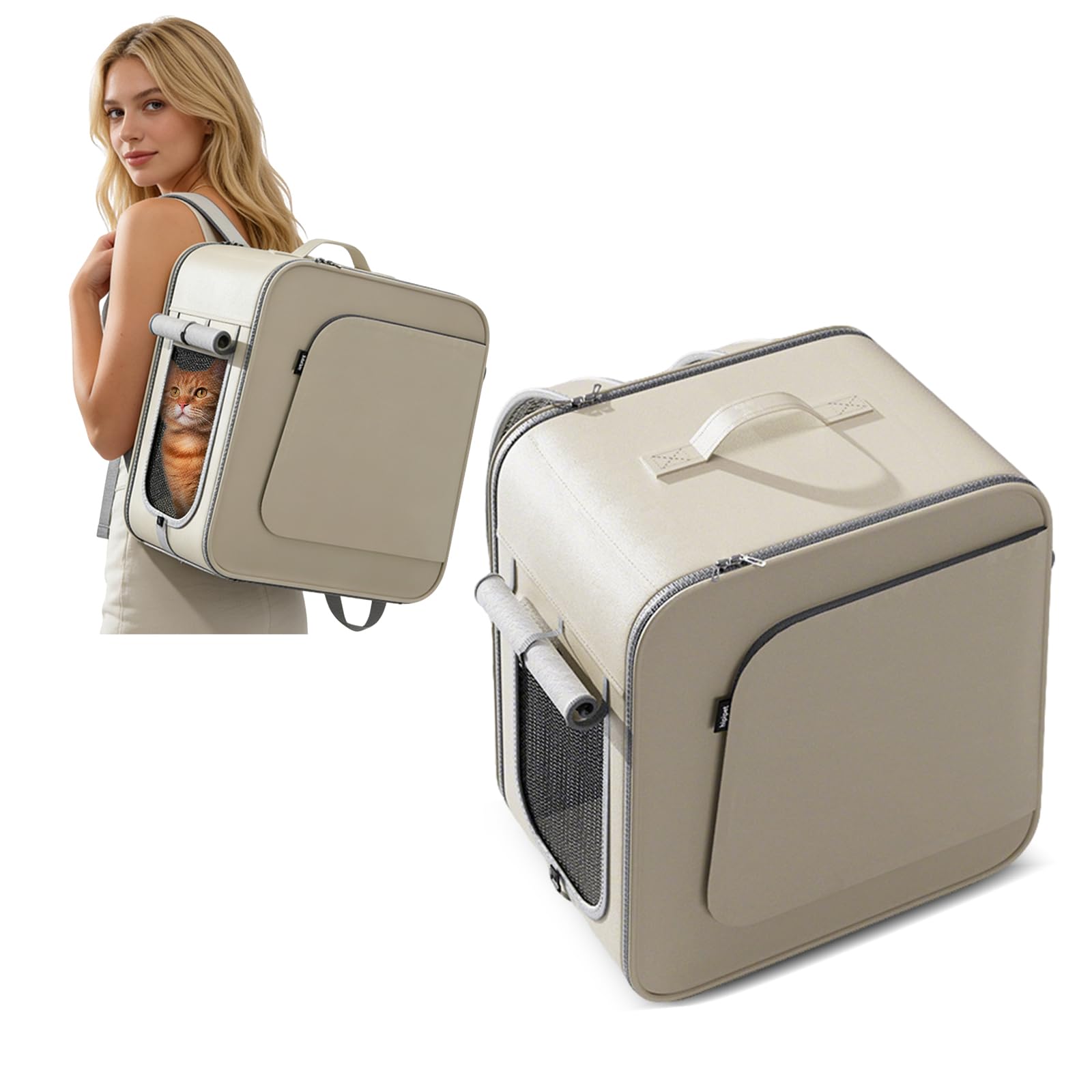 PETCUTE Transportín con Ruedas para Perros 3 en 1,Mochila Plegable ara Gatos Grandes y Perros Pequeños,Transportín de Viaje para Mascotas con Alfombrilla Extraíble,Arnés Interno,Carga Máxima 10kg