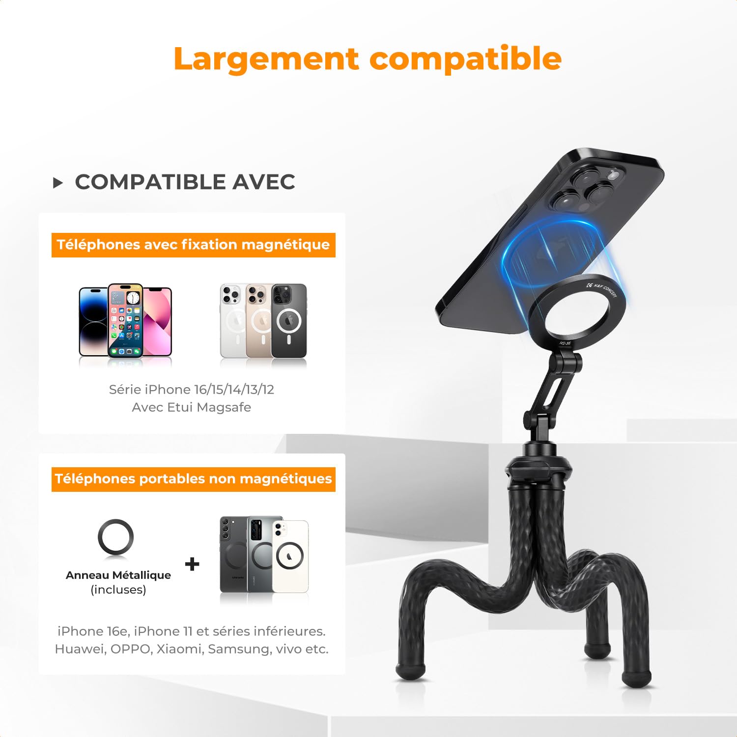 K&F CONCEPT Trépied pour Téléphone Magnétique, Mini Trépied Flexible Smartphone Portable, Gorillapod avec Télécommande Bluetooth, Trépied Smartphone pour iPhone Android, Trépied Octopus