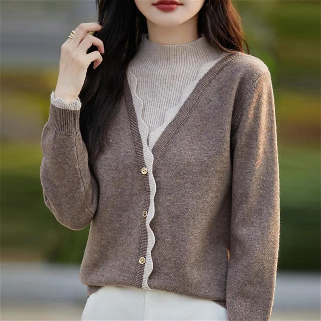 Women's Mock Neck Knit Sweater Fake Two Items Patchwork Long Sleeve Tops Winter Korean Fashion Pullover Jumper