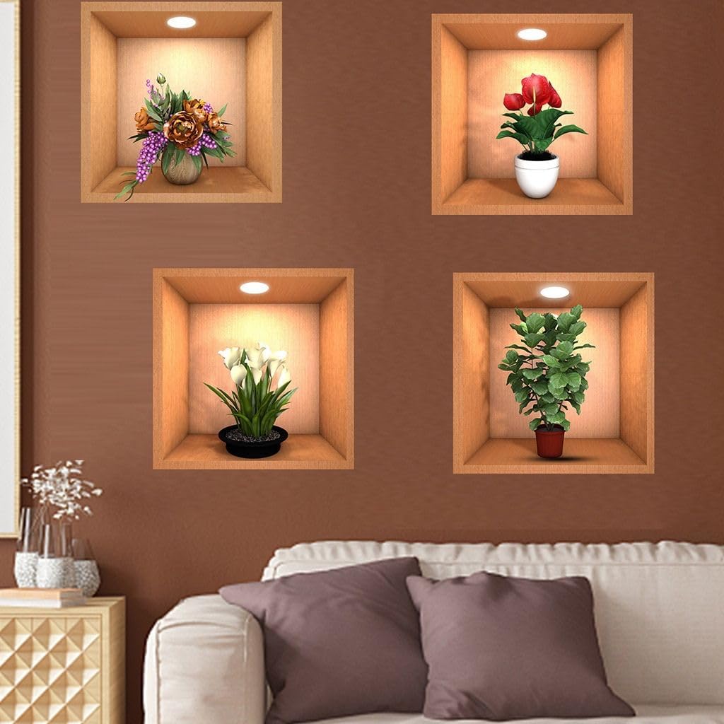 AJB 4 Pieces 3D Beautiful Decal Flower Pot Design Wall Sticker 30Cm X 30Cm for Home Living Room Bedroom Multi Colour (B0CG967MFB) Amazon Price History, Amazon Price Tracker